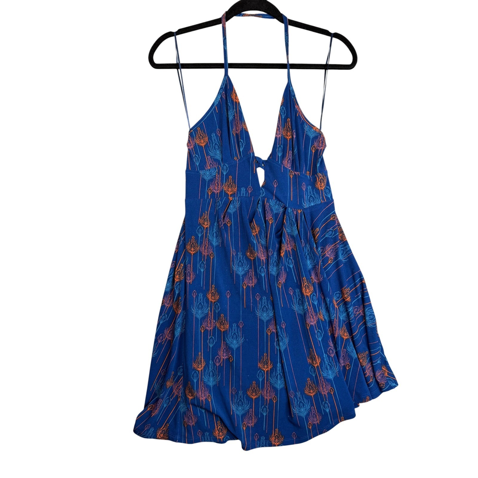 Free People Blue Peacock Feather Print Halter Mini Dress Boho Keyhole Size S