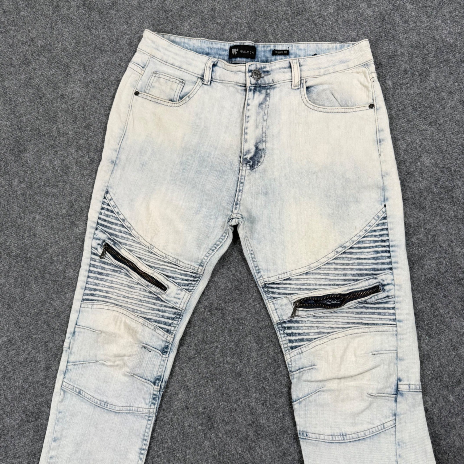 WAIMEA Pants Size 34Wx32L Skinny Fit Light Wash Moto Jeans with Zippers Men’s