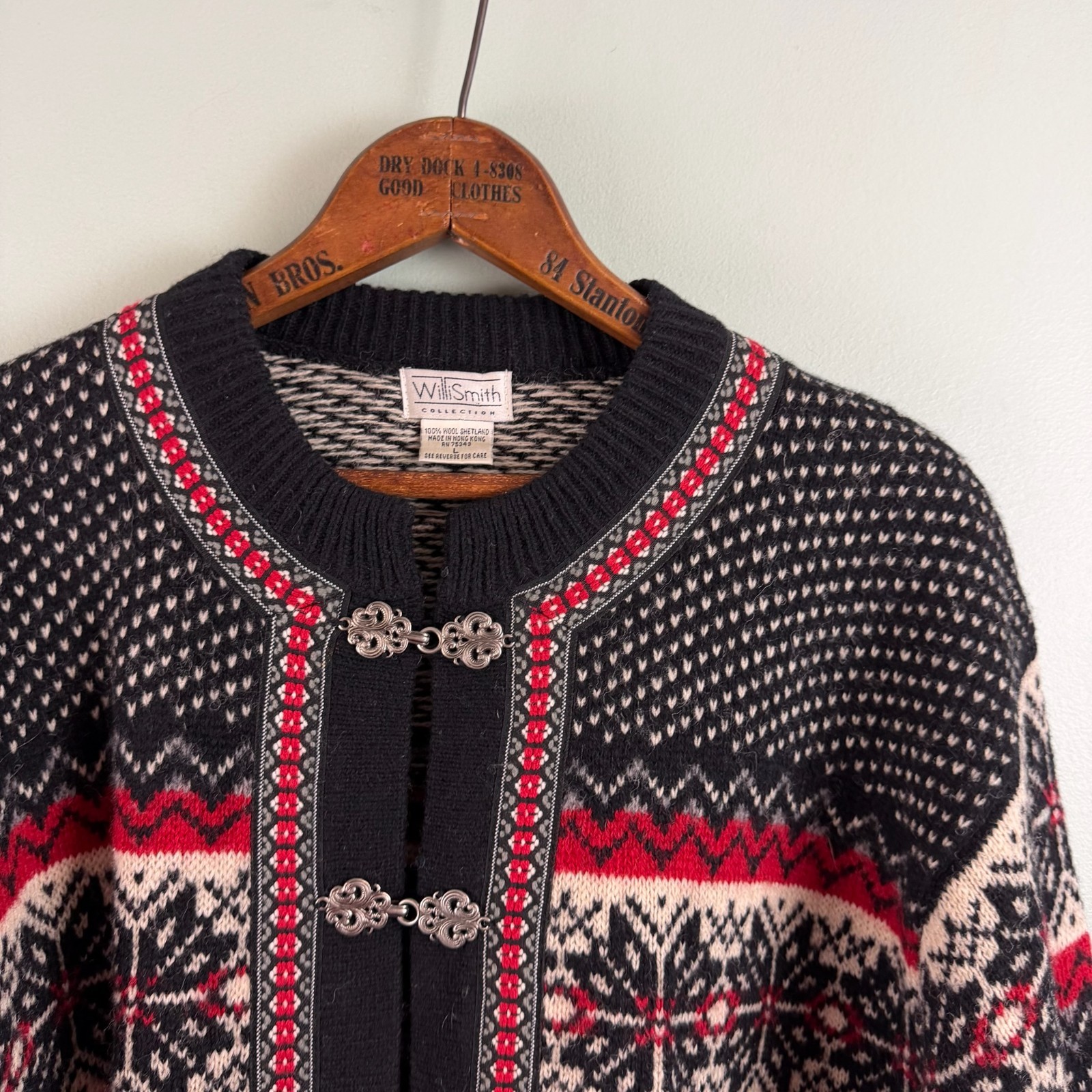 VTG Women Willi Smith Black Fair Isle Shetland Wool Cardigan Sweater Size Large
