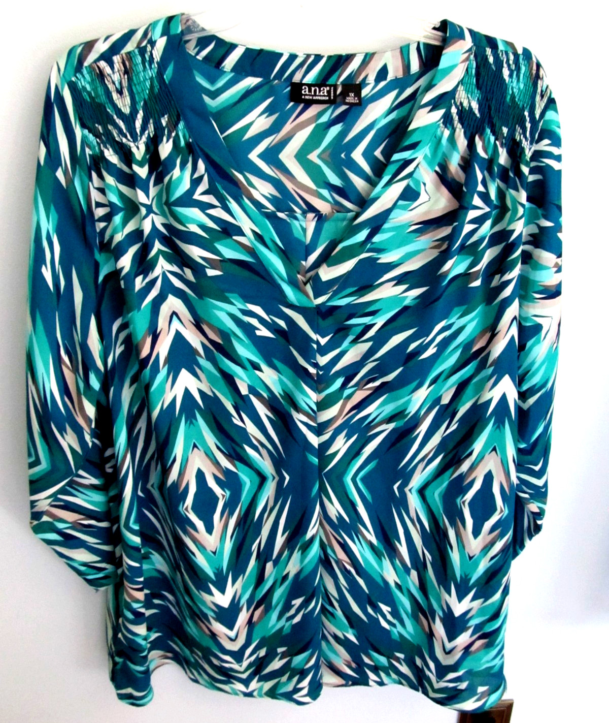 A.N.A. Woman Plus Size 1X Dark Green, Teal, Navy & a Hint of Gray Tunic Top