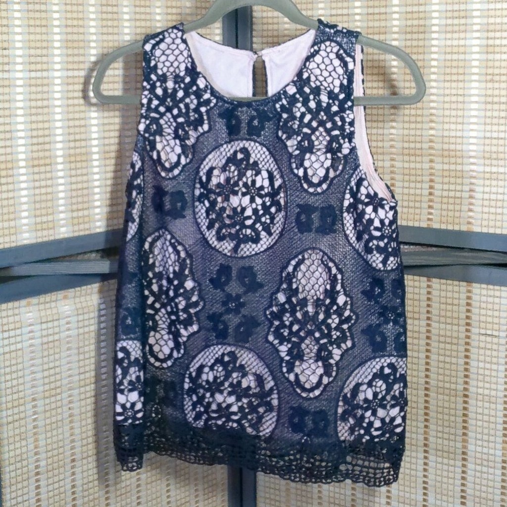 Navy Crochet Lace Over Pale Pink Shell