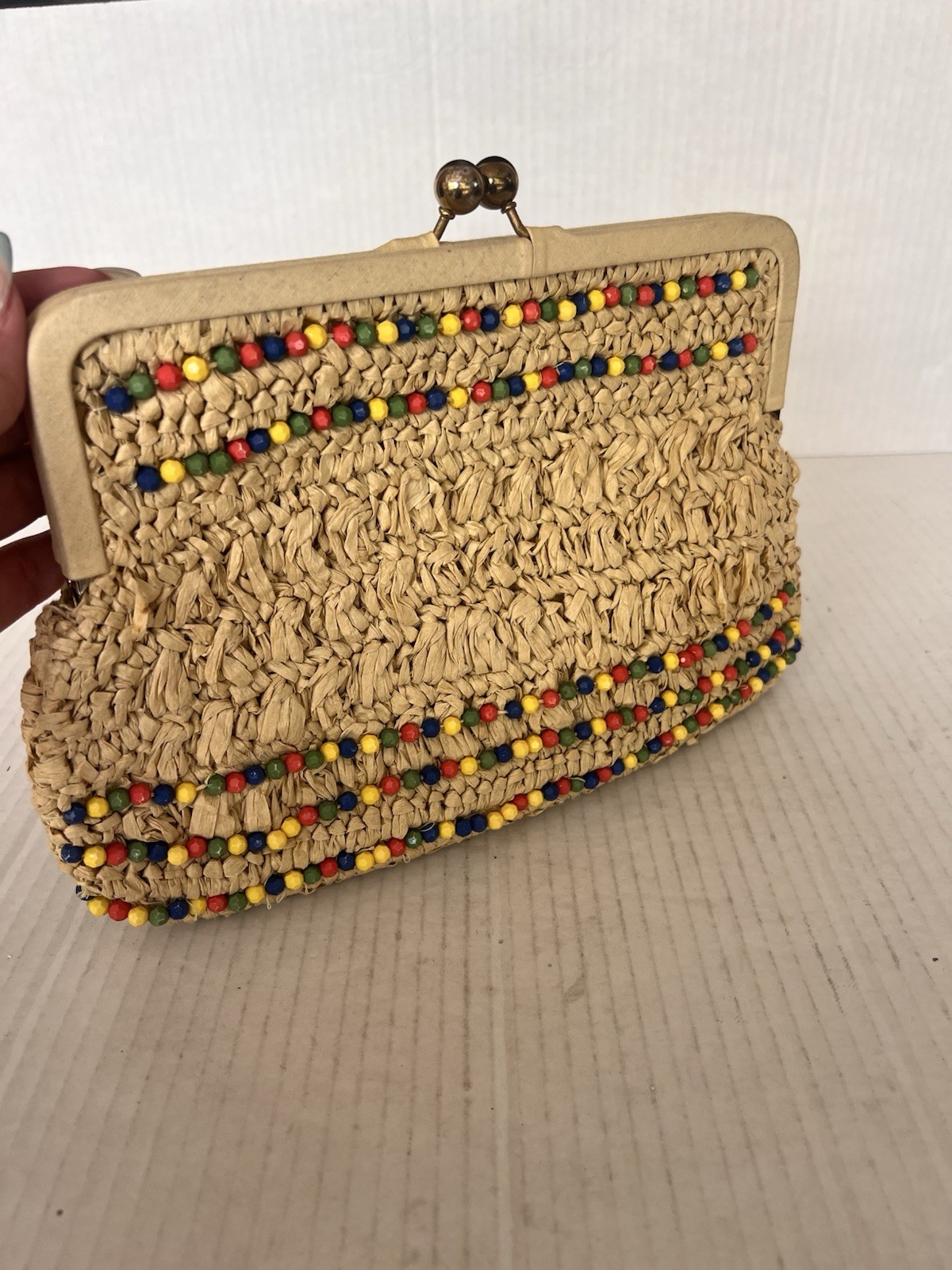 REVUE Beaded Kiss Lock Clutch Natural/Multicolor Gold Hardware Rectangle