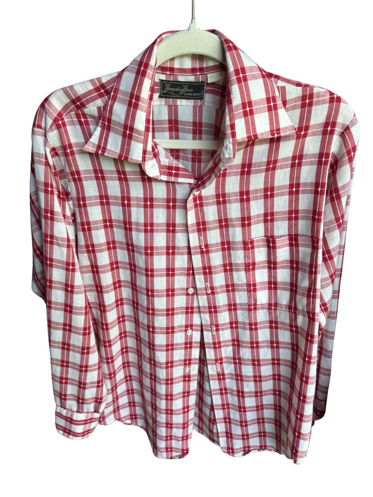 Vintage Humphrey House Van Heusen Plaid Button Up Shirt Red White Preppy 15.5×32