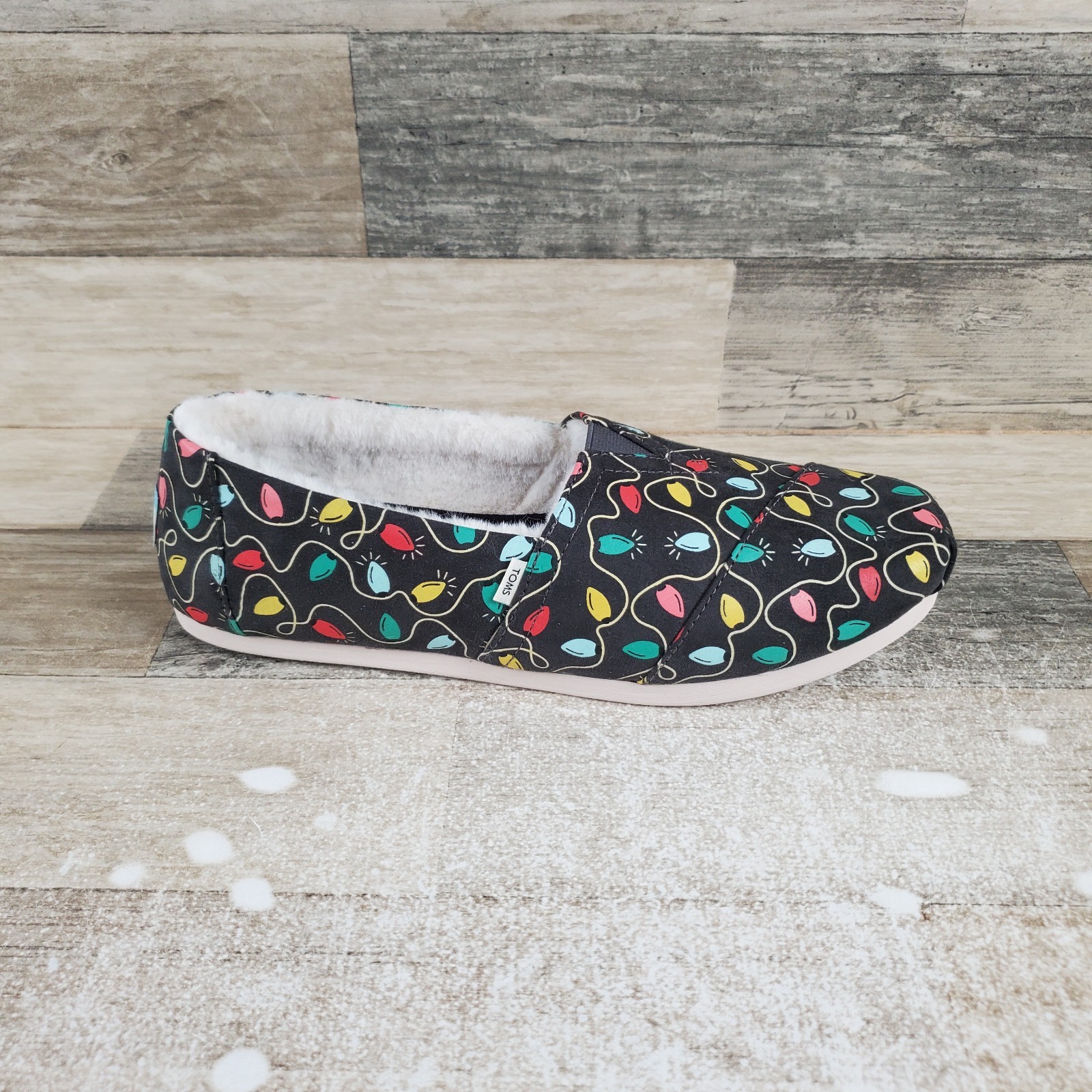Toms Alpargata Womens Flat 9.5 Black Forged Iron Tree Lights Print Slip On Shoes