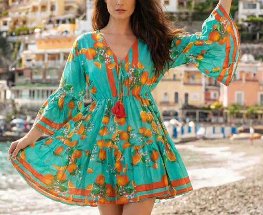 ANTICA SARTORIA 2026 AQUA W ORANGES TIE FRONT SHORT DRESS/TOP NWT OS