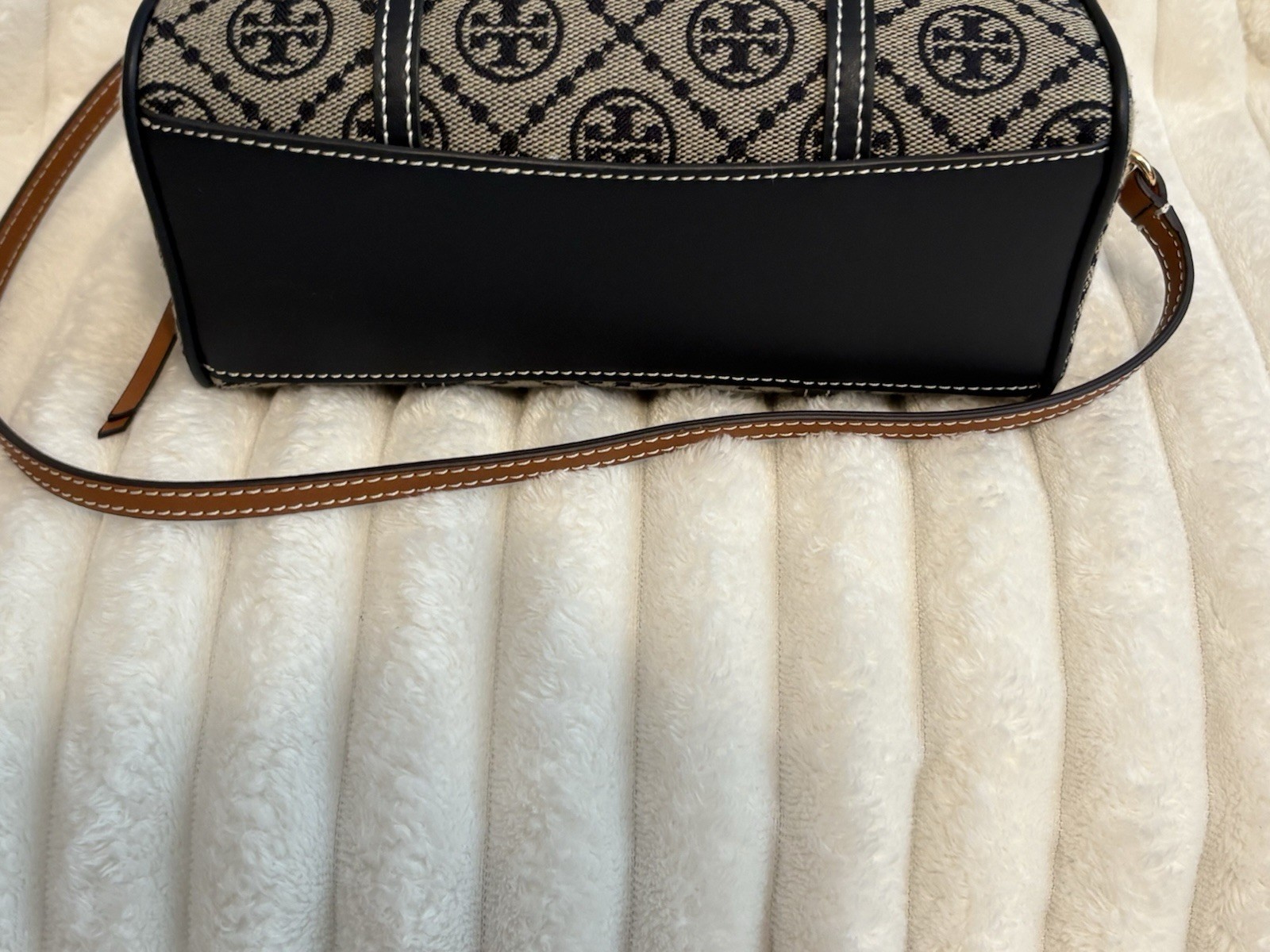 Tory Burch T Monogram Mini Duffle Satchel, Zip, Strap, Navy Beige Brown