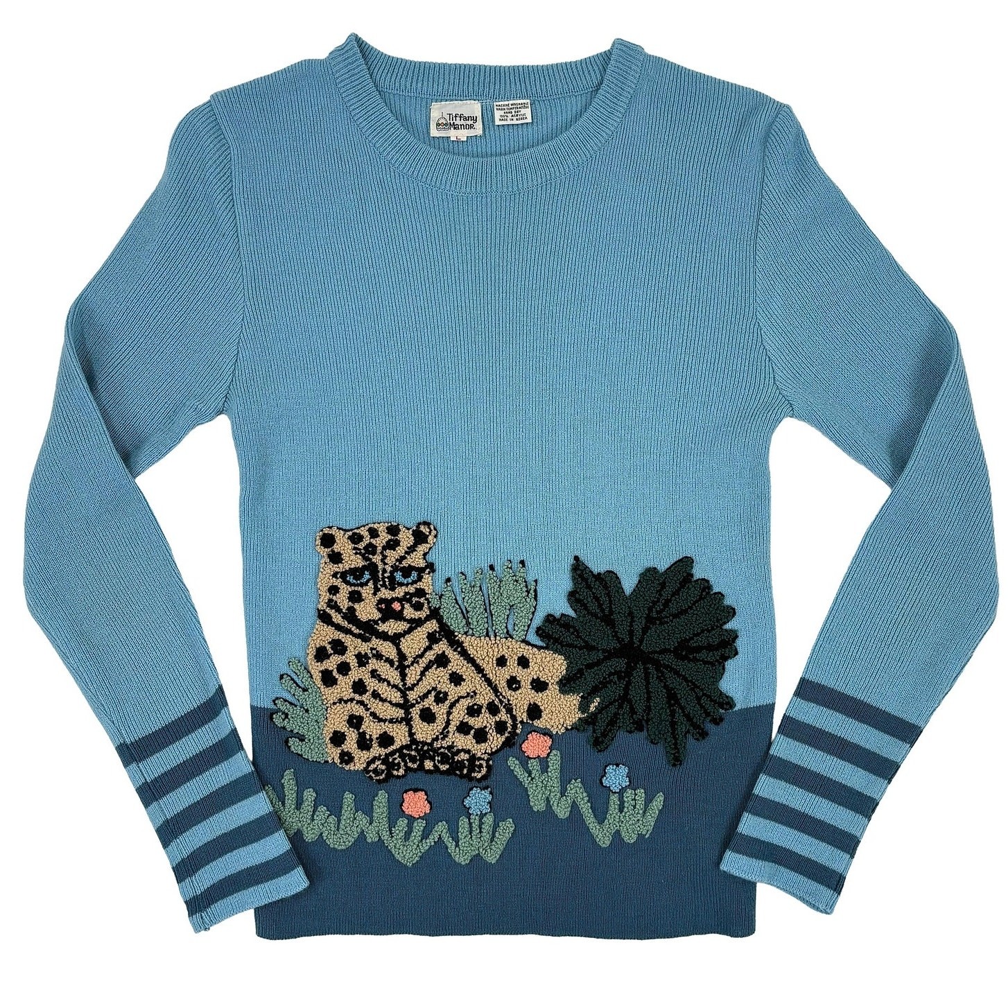 80s Tiffany Manor Leopard Sweater Womens VTG L (Modern S) Novelty Jungle EUC