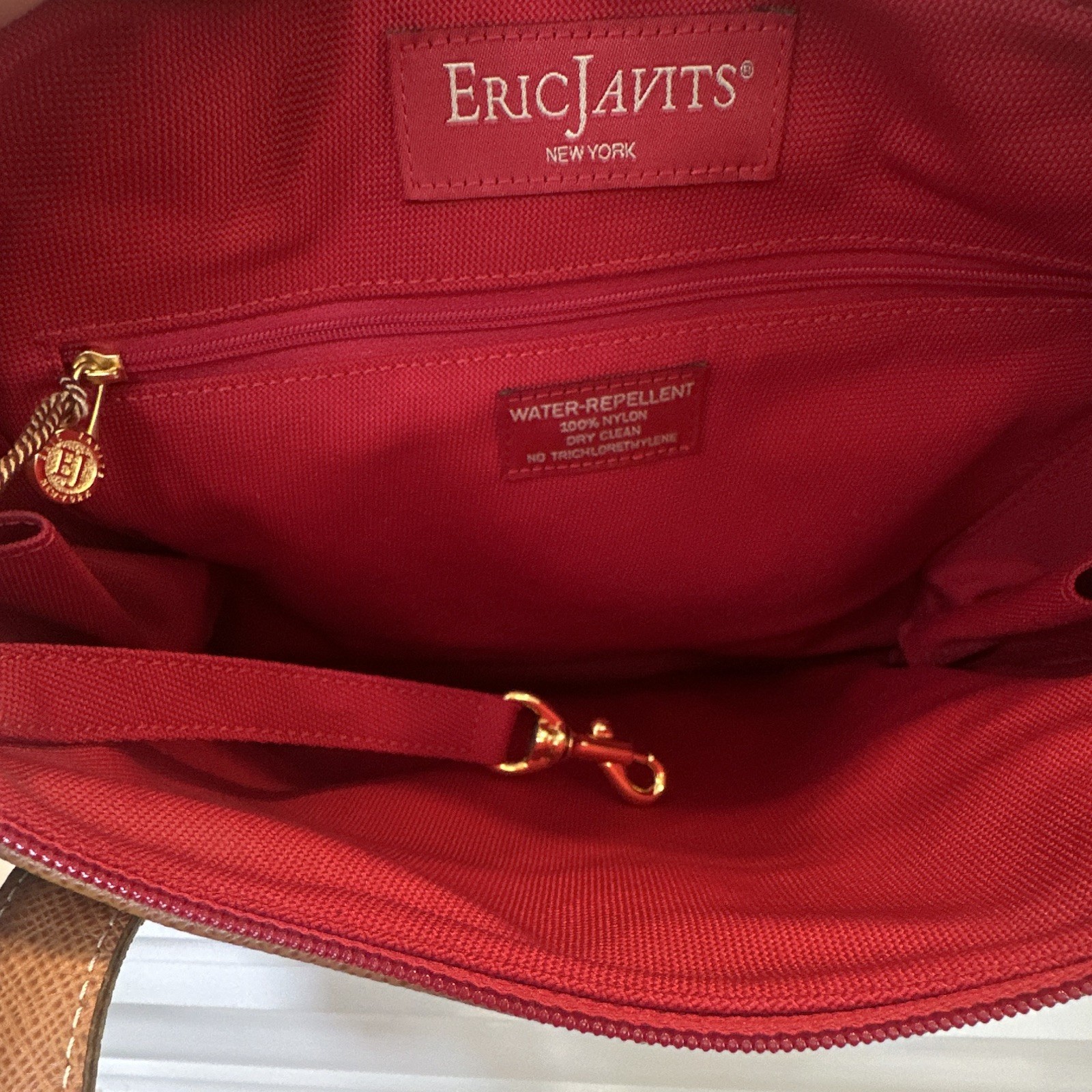 Eric Javits Lotus Tote Mini Red Multicolor Floral Zip Embroidered Strap