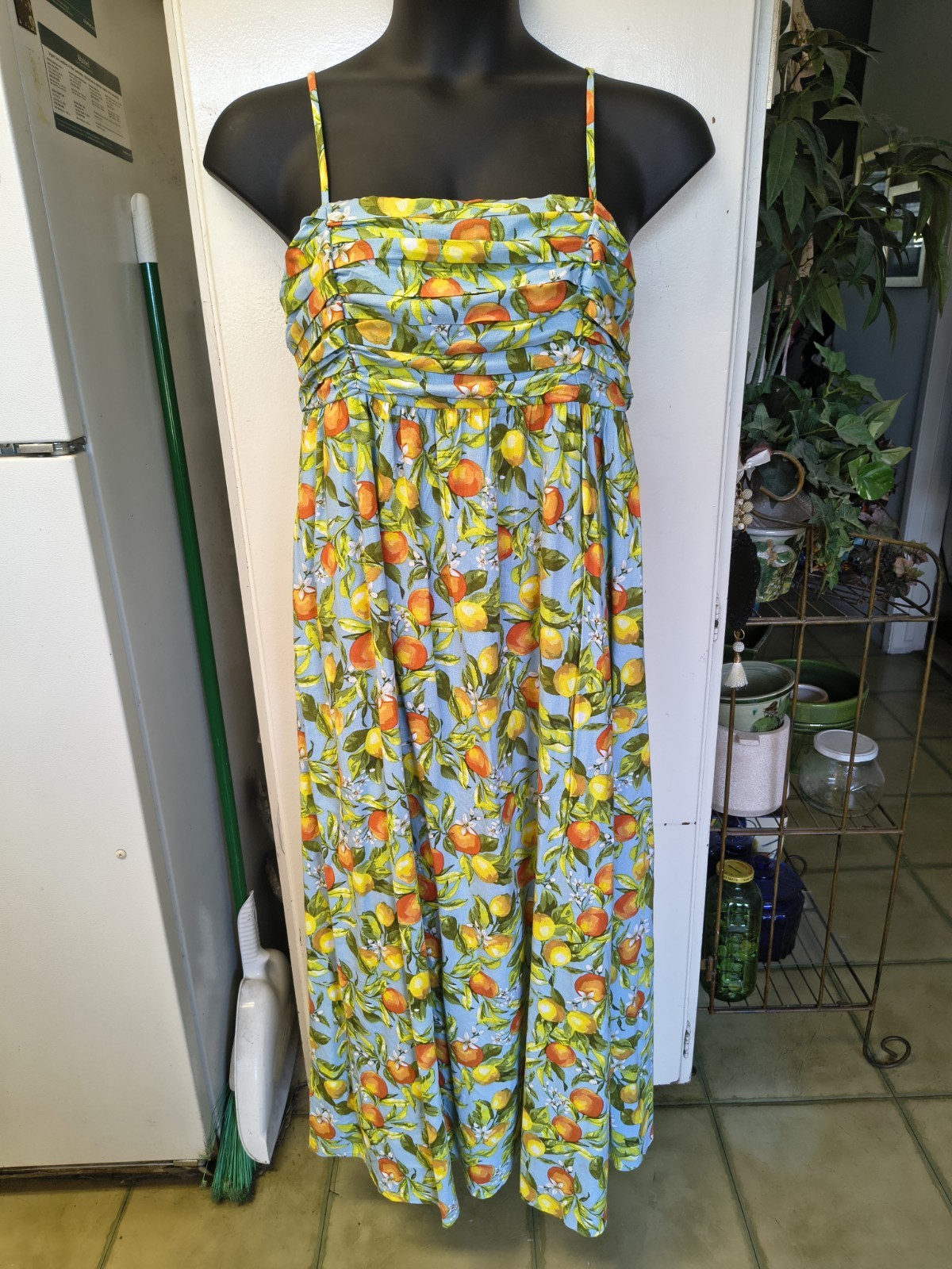 Women Large Free Assembly Linen Blend Maxi Dress Fruit Lemon Oranges Print Dress