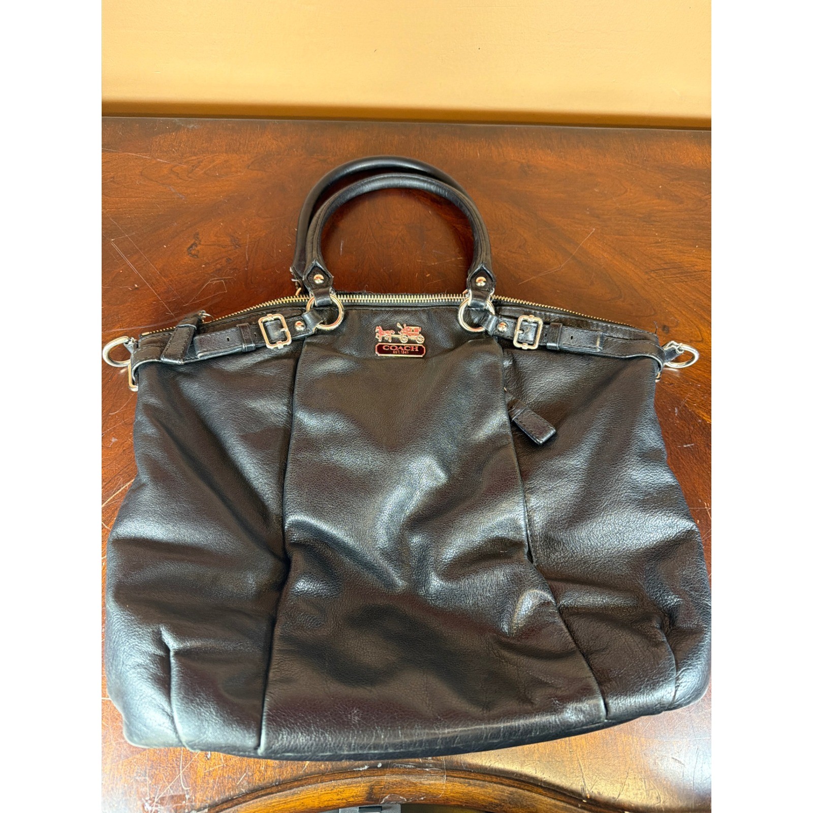 Coach Madison Black Leather Satchel Purple Lining Handbag 18641
