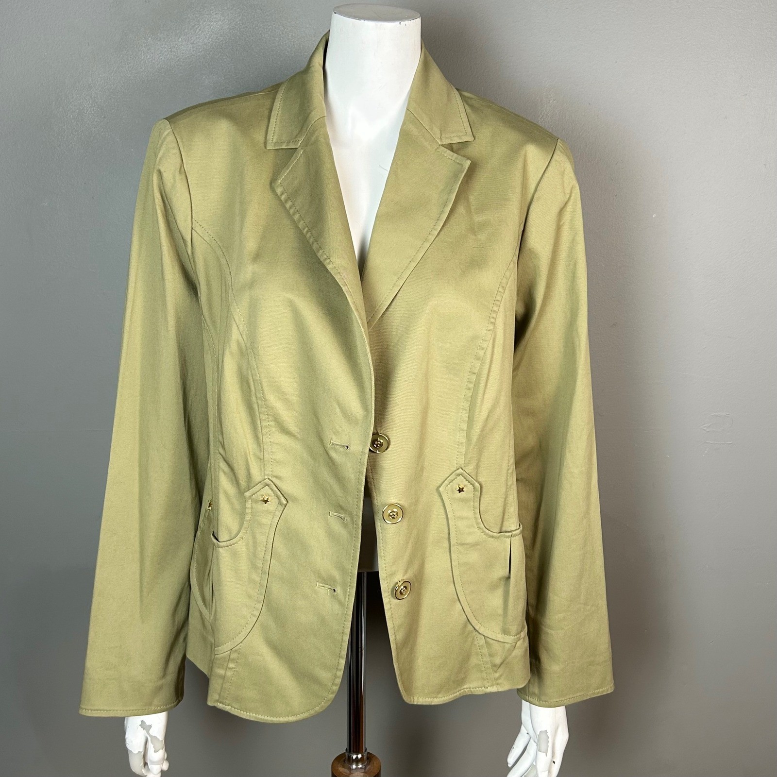 Luisa Spagnoli Safari Military Blazer L Khaki Cotton Stars Unique Embellished