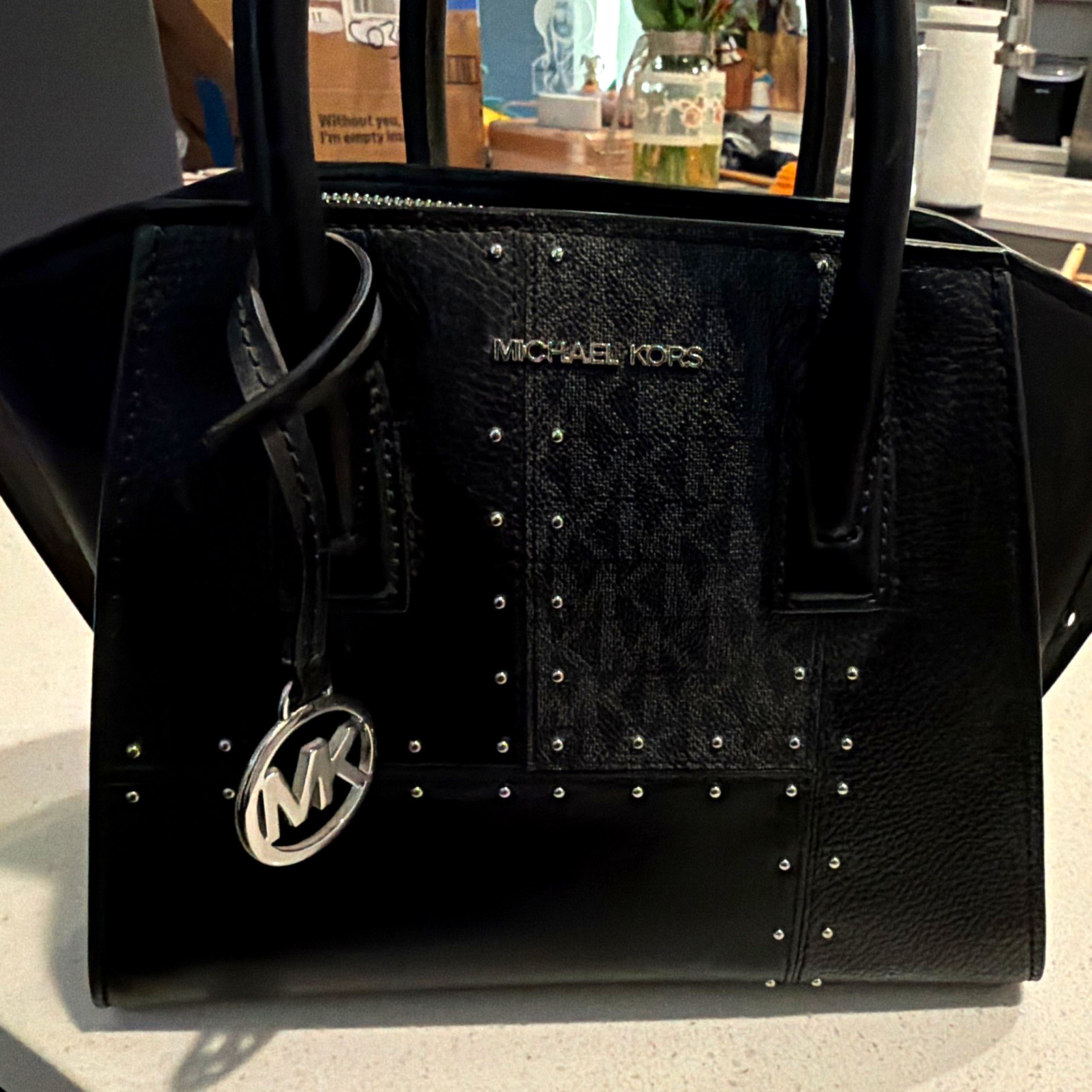 Michael Kors Black Studded Zip Tote w/ MK Charm, Pebbled, Silver Hardware
