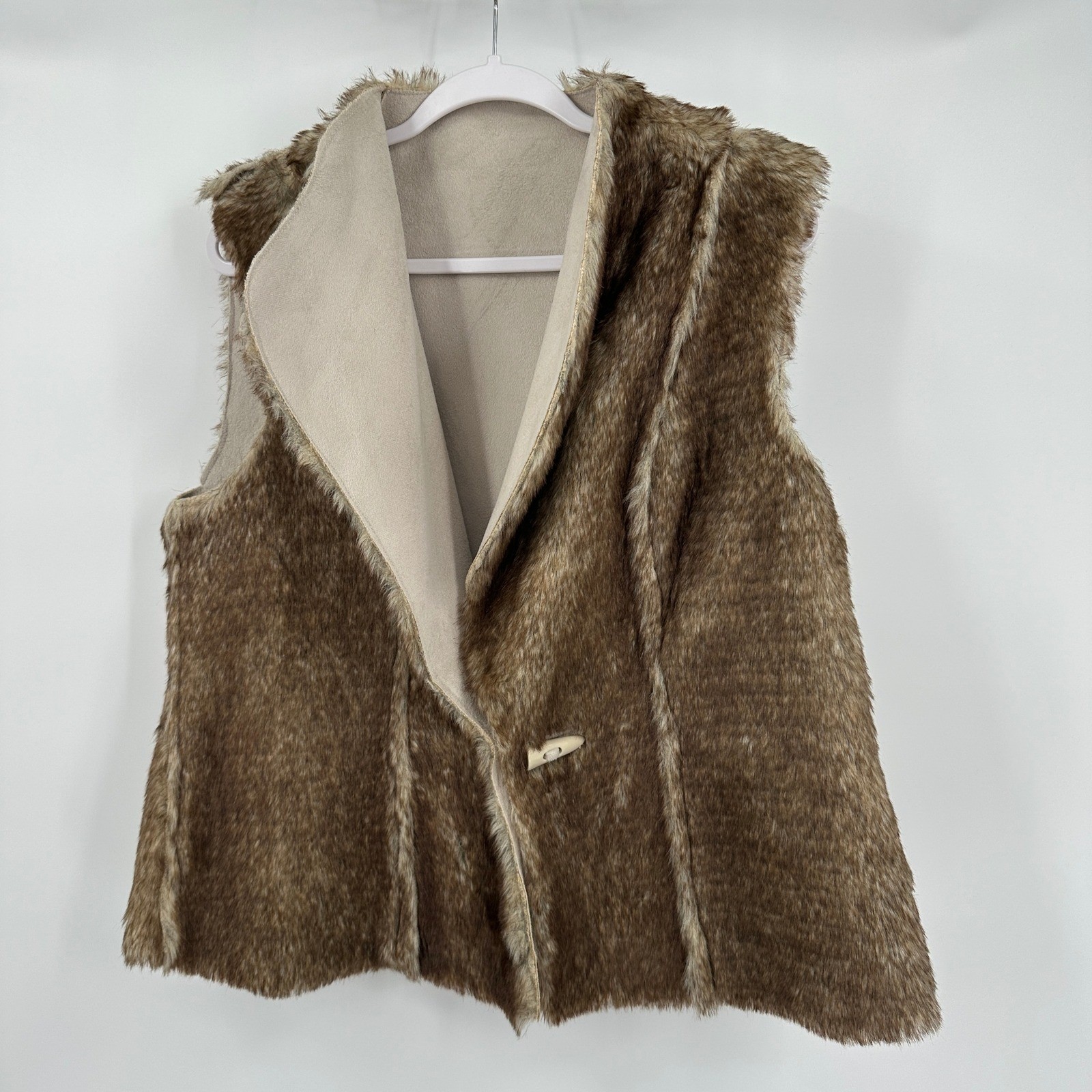 Womens Boho Reversible Faux Suede Fur Vest Size L Western Shaggy Neutral Earthy