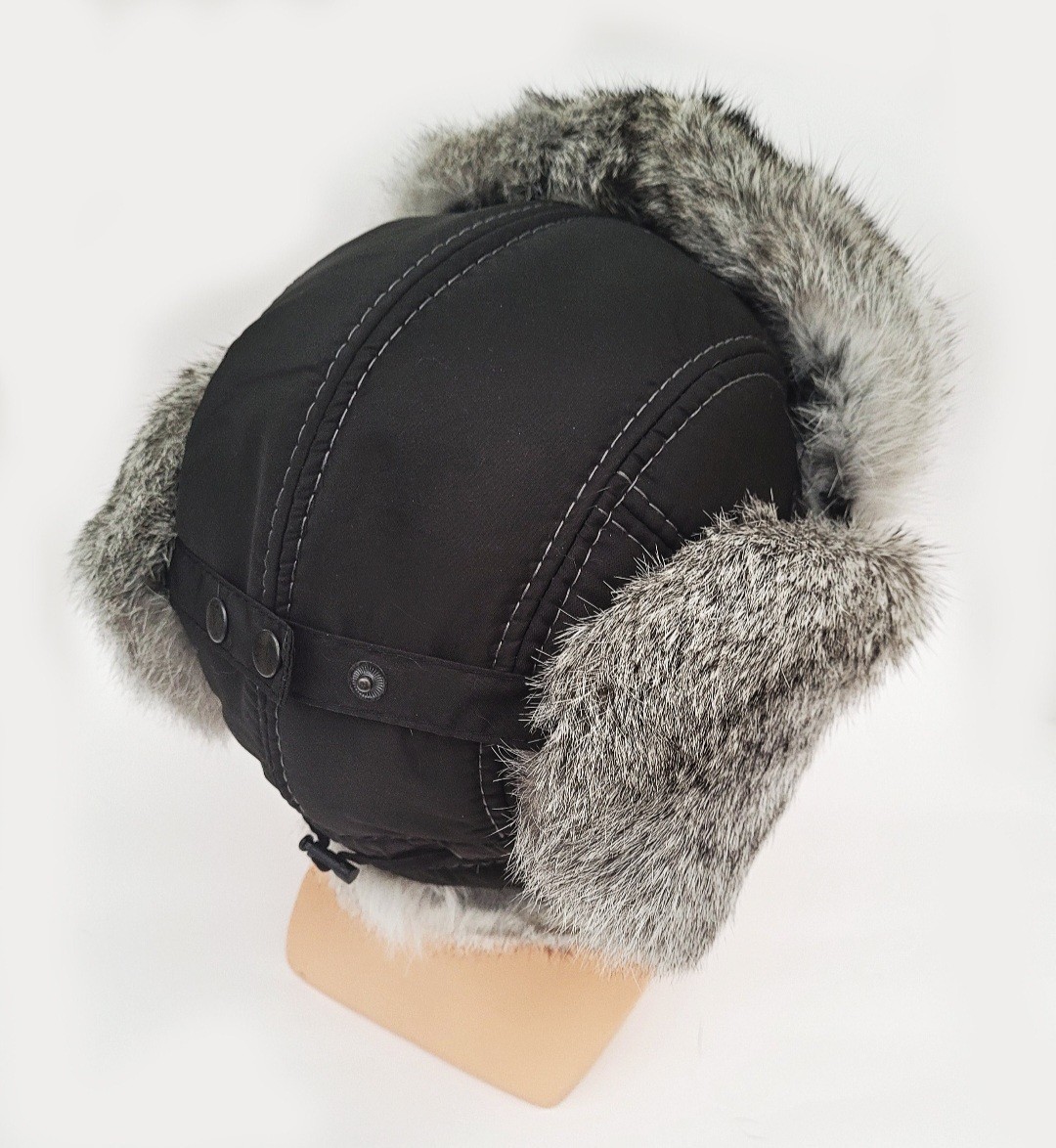 Men Real Fur Ear Flap Hat Ushanka Rabbit Fur Aviator Trapper Hat Unisex 58 cm