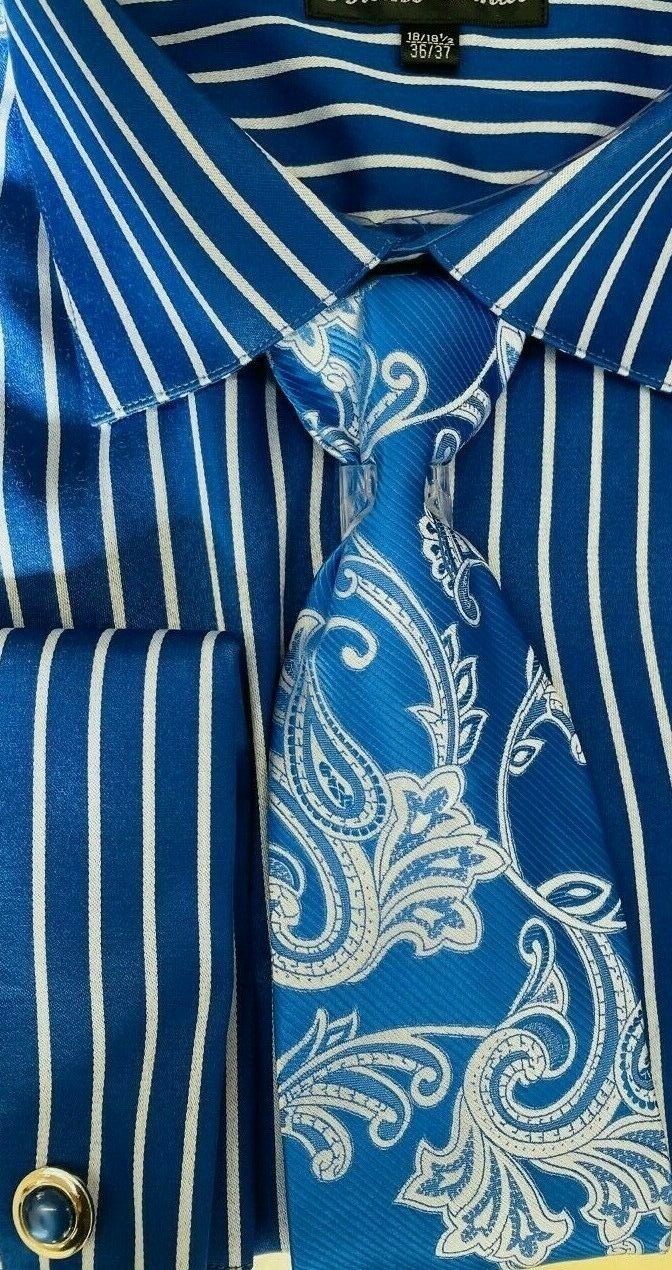 Men’s Striped Dress Shirt with Tie + Handkerchief, French Cuff Links New
