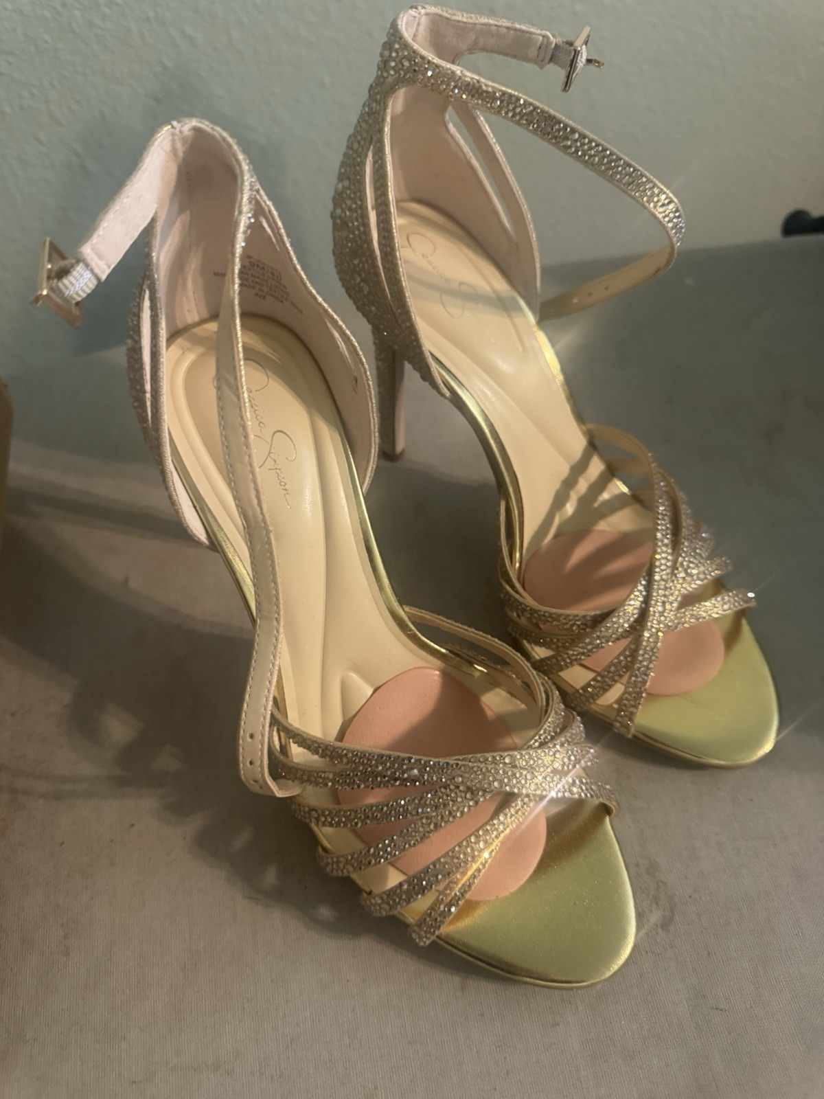 Jessica Simpson Women’s Gold Rhinestone Strappy Open Toe Stiletto Heels 9