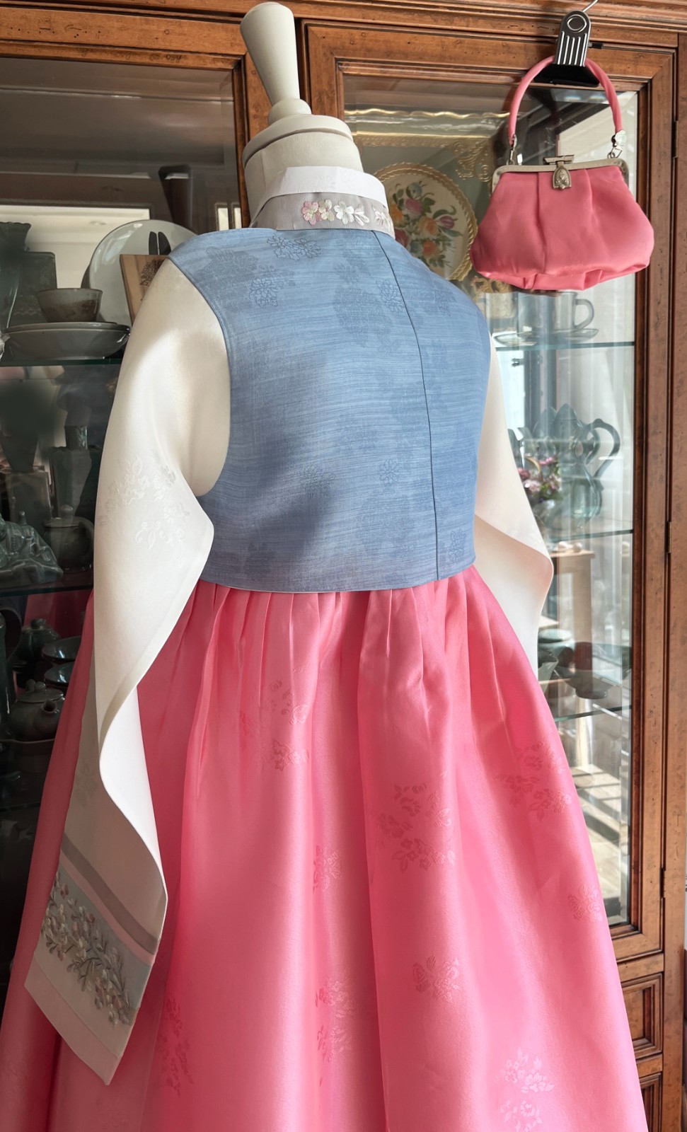 Premium Silk Traditional Korean Hanbok Dress–Light Blue & Pink/Hand bag / Junior