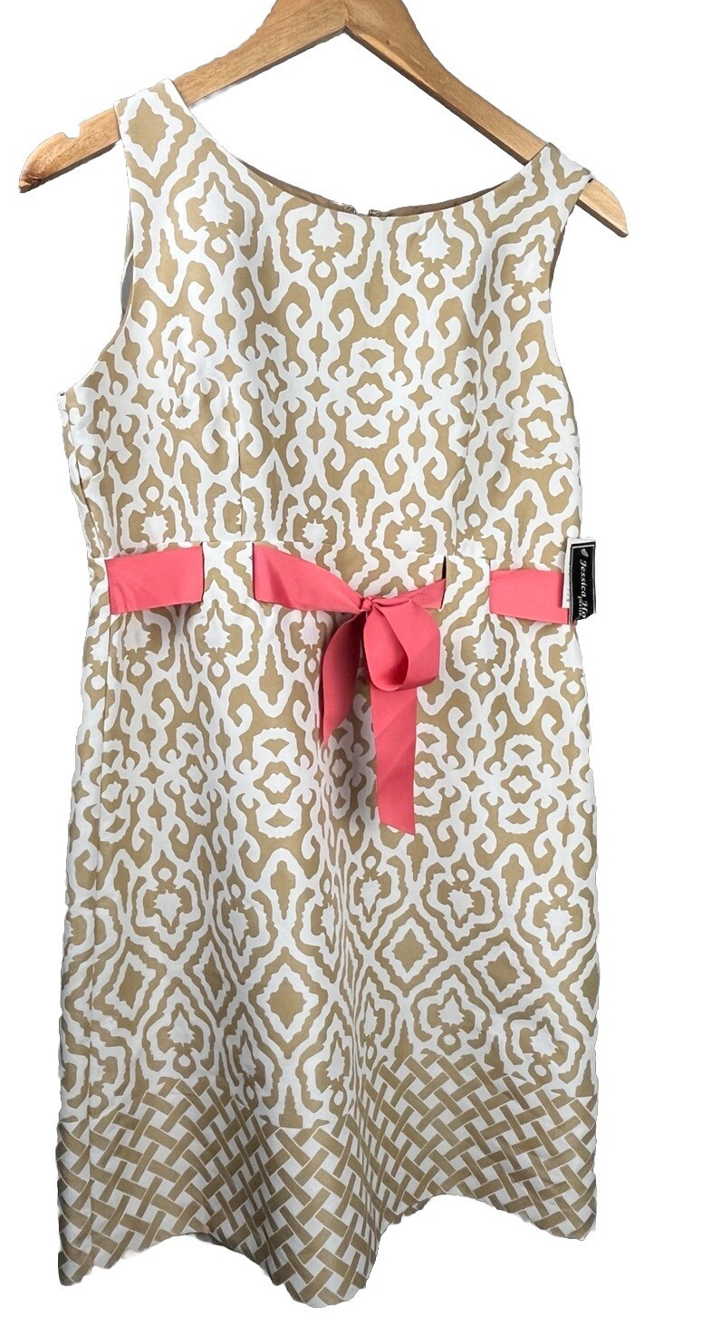 Jessica Howard Sheath Dress 10 Petite Beige White Geometric Pink Belt NWT 10P
