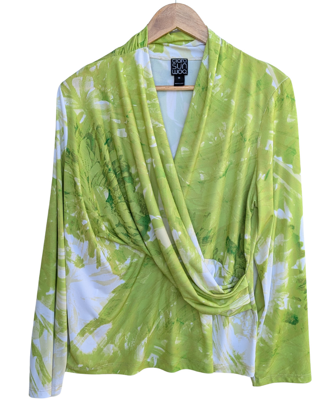 Clara Sunwoo V-Neck Draped Pleat Top Floral Citrus Lime White Size 1X