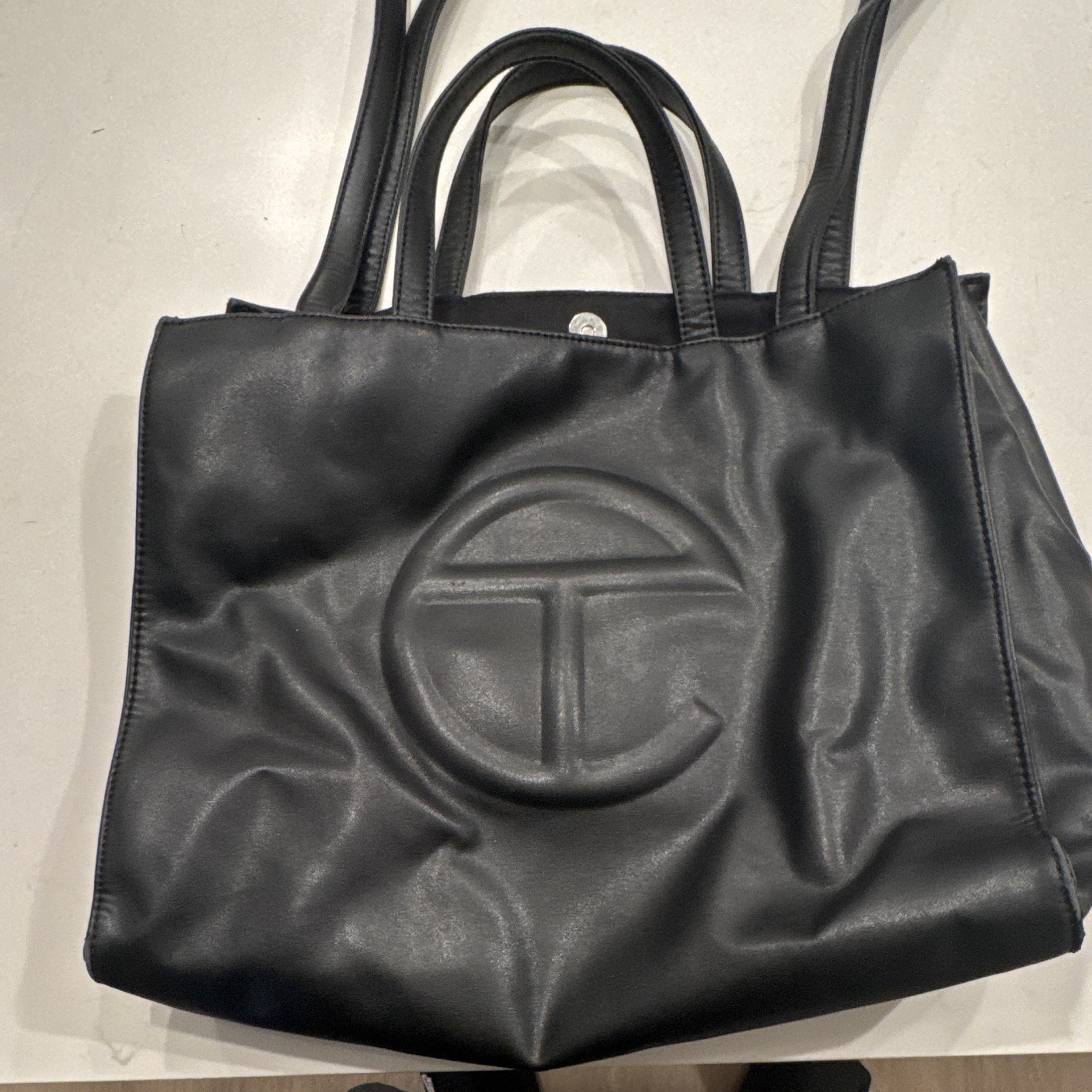 Telfar Black Tote Medium Bag Silver Hardware Logo Double Handles Magnetic clip