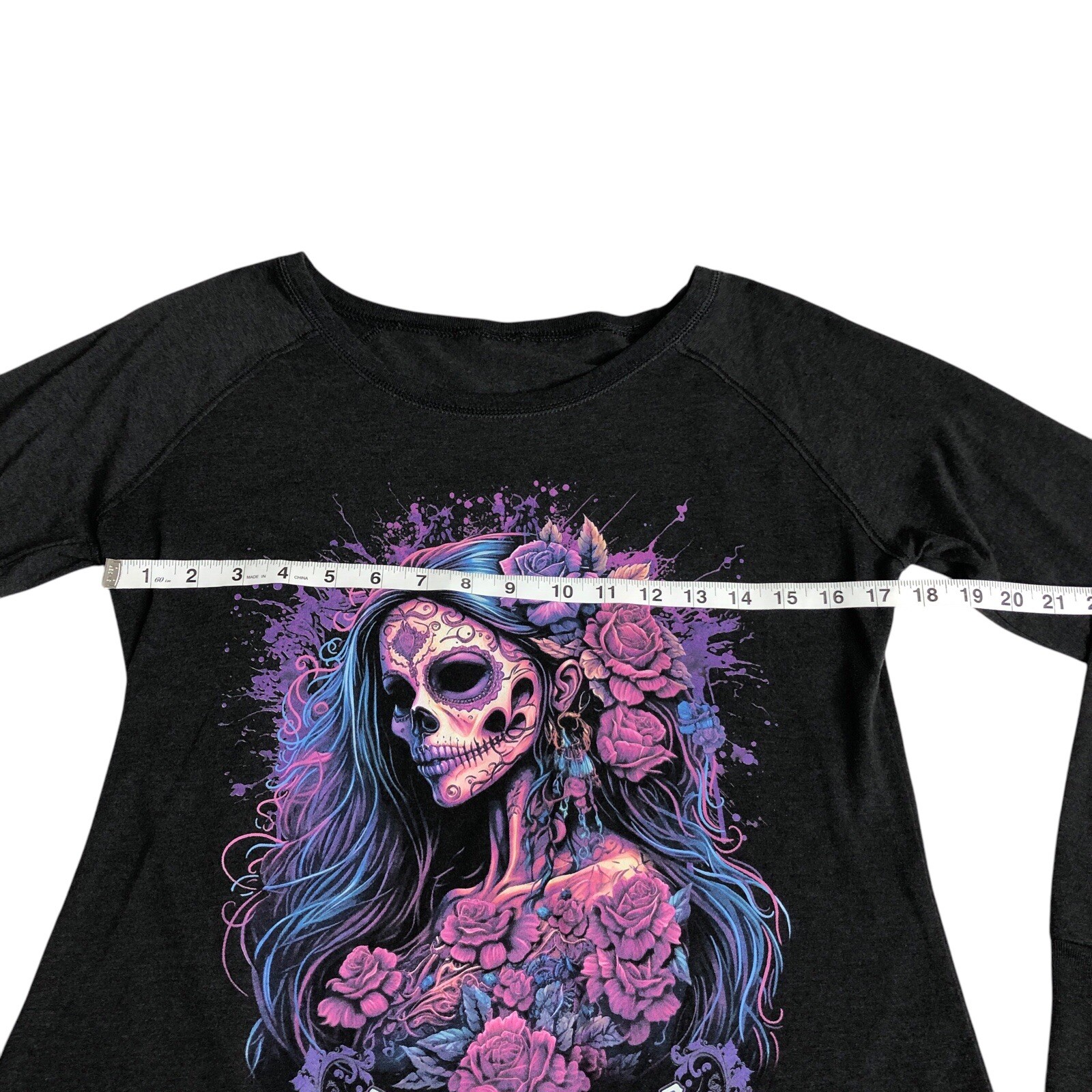 Cruz Pedregon Top Womens S/M Charcoal Gray Sugar Skull Psycho Speed Racing Moto