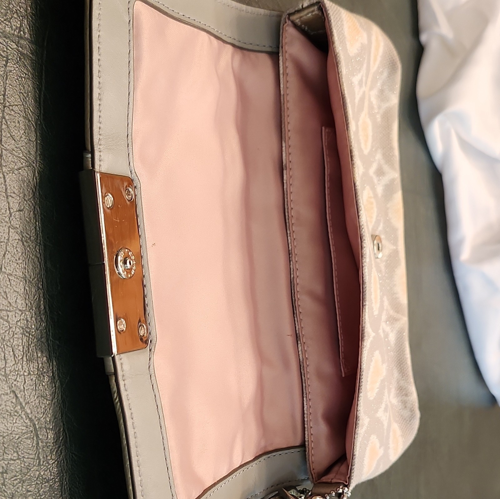 Coach Women’s Small Beige/Ivory Logo Wristlet Clutch Turn Lock, Lined Pockets