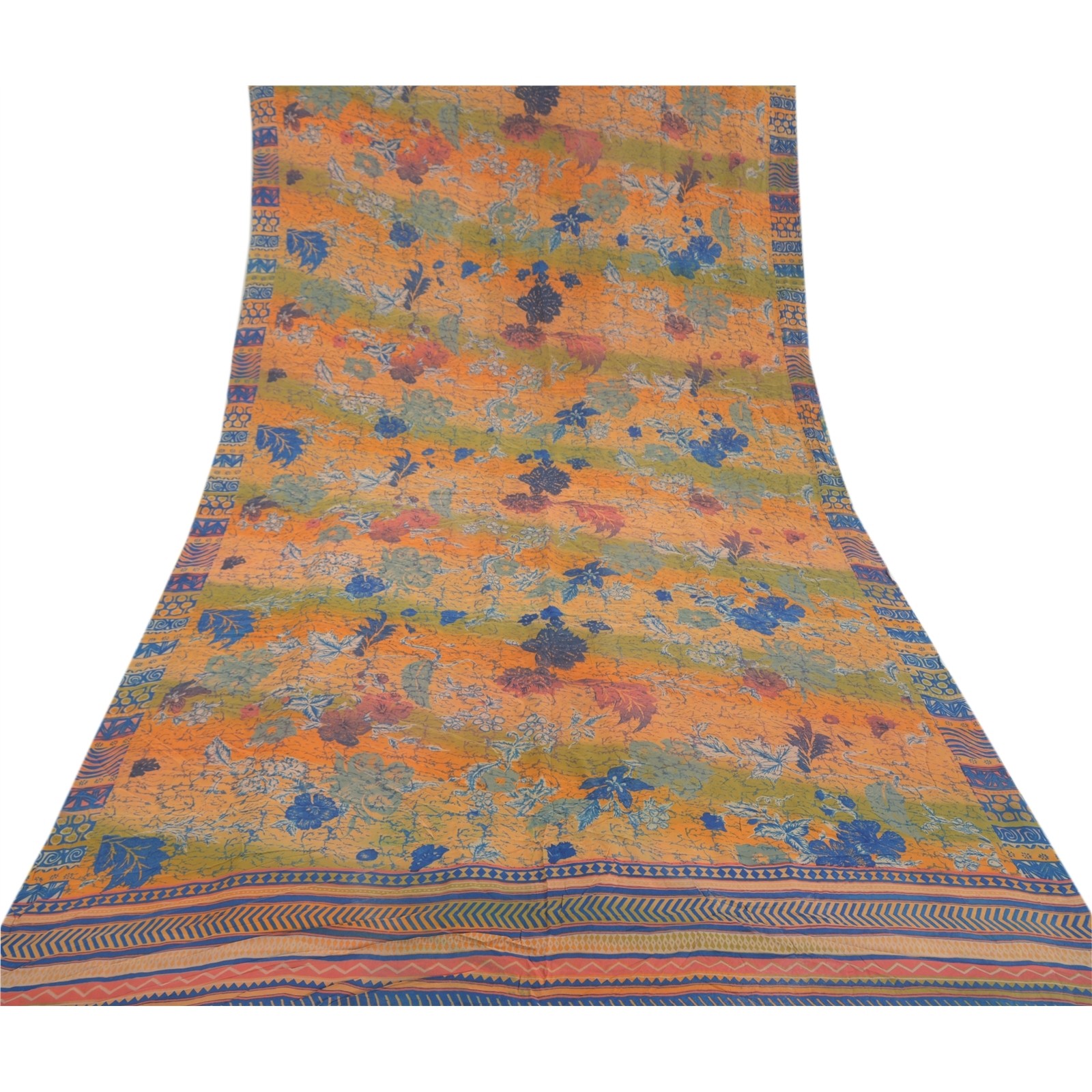 Sanskriti Vintage Saree Multicolor 100% Pure Crepe Floral Print 5+YD Sari Craft
