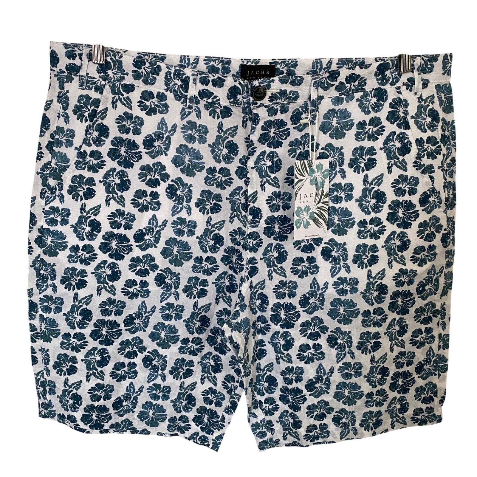 JACHS NY Mens 40 White Blue Hibiscus Floral Seersucker Cotton Shorts Flat Front