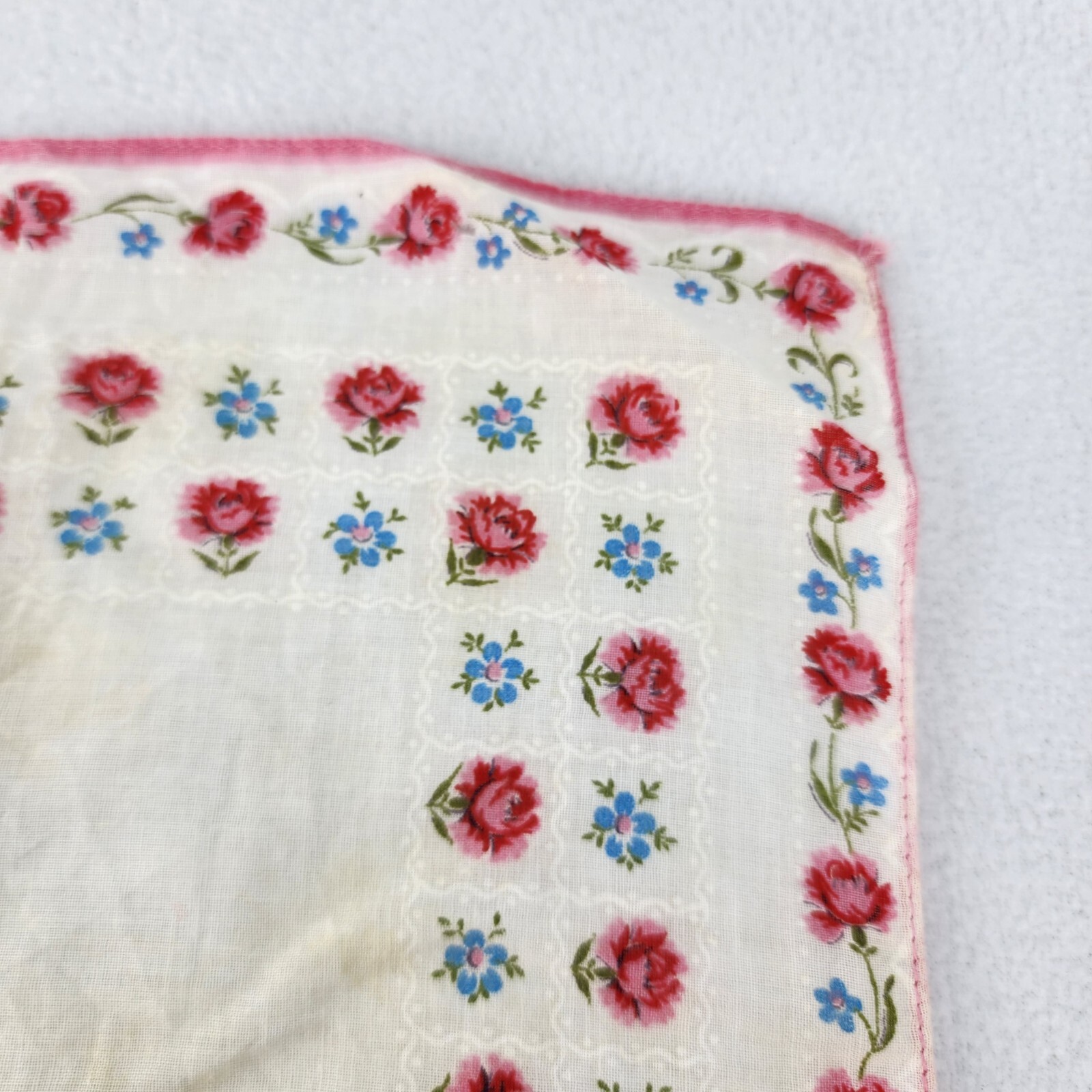 Vintage Handkerchief Red Roses in Original Paper Envelope 11.5” Floral FLAWED