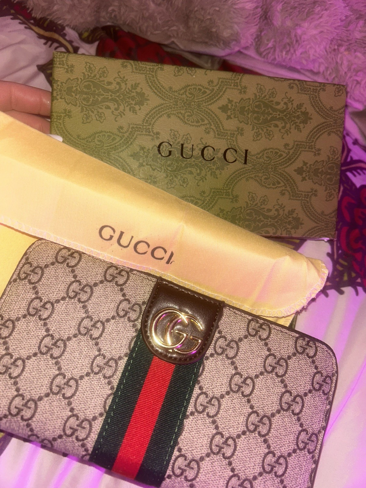Gucci GG Supreme Monogram Web Ophidia Zip Around Wallet Brown