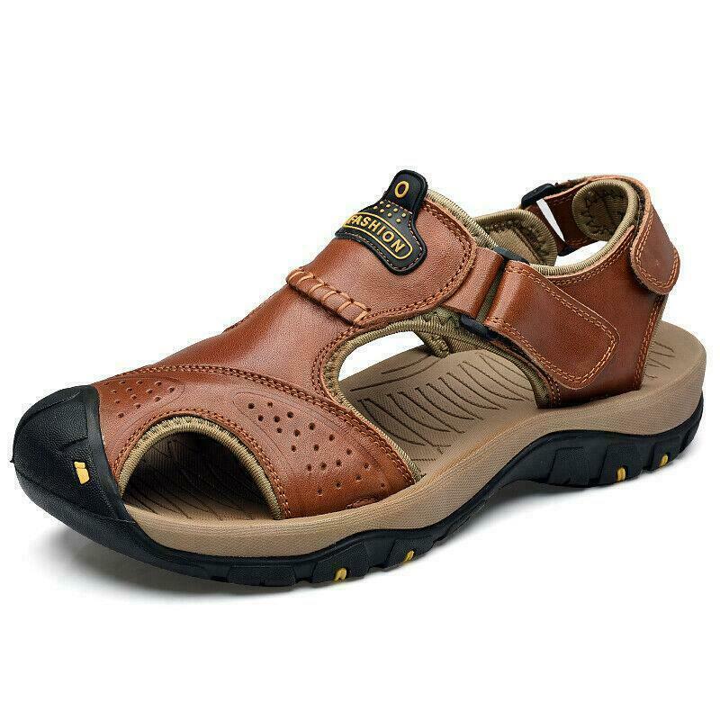 Men Leather Summer Sandals Beach Closed Toe Shoes Sports Outdoor Hiking Thongs