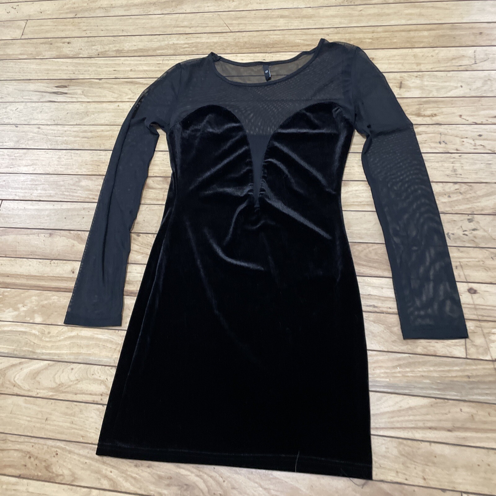 Haoduoyi Mini Dress S Black Velvet Club Mesh Long Sleeve Plunge Neck Sexy Racy S