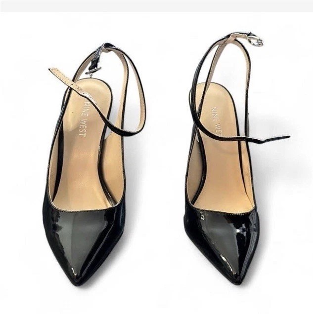 Nine West Women’s Black Patent Leather Pointed Toe Slingback Buckle Heels 7