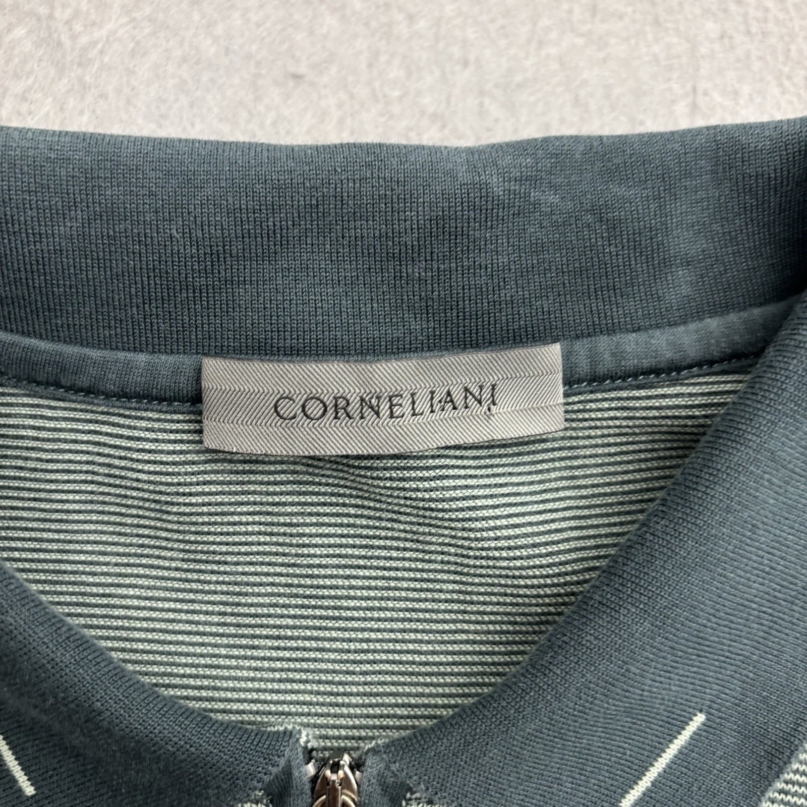 Corneliani Quarter Zip Polo Mens 54 Large Green Cotton Jacquard Pullover Italy