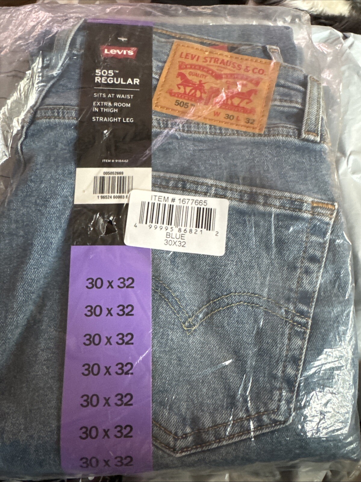Men’s Levi’s 505 Straight Leg Regular Fit Blue Jeans Size 30 X 32 Stretch NEW