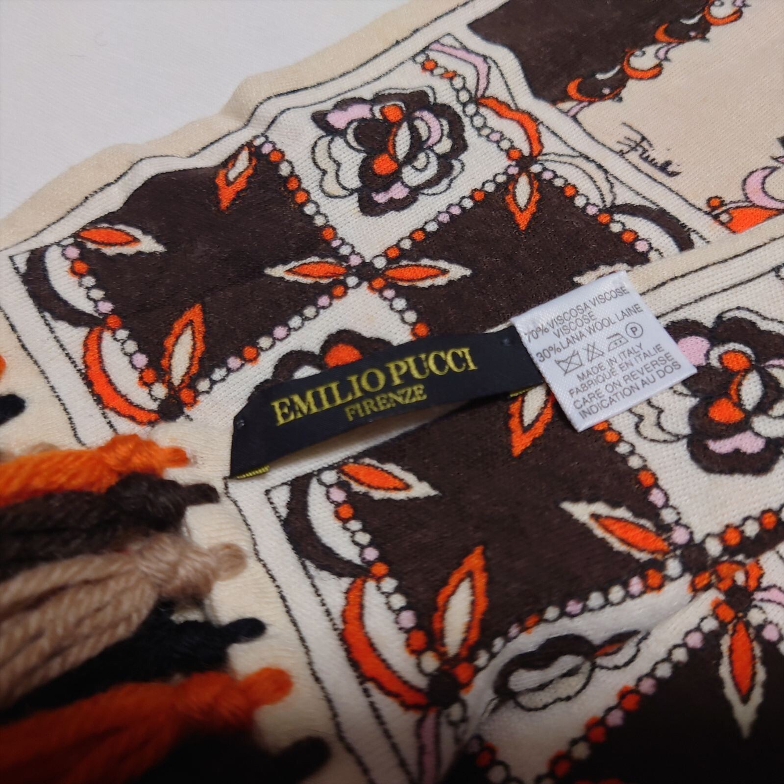 Emilio Pucci Scarf rectangle 200cm 78″ 15cm 5″ viscose wool orange brown pink
