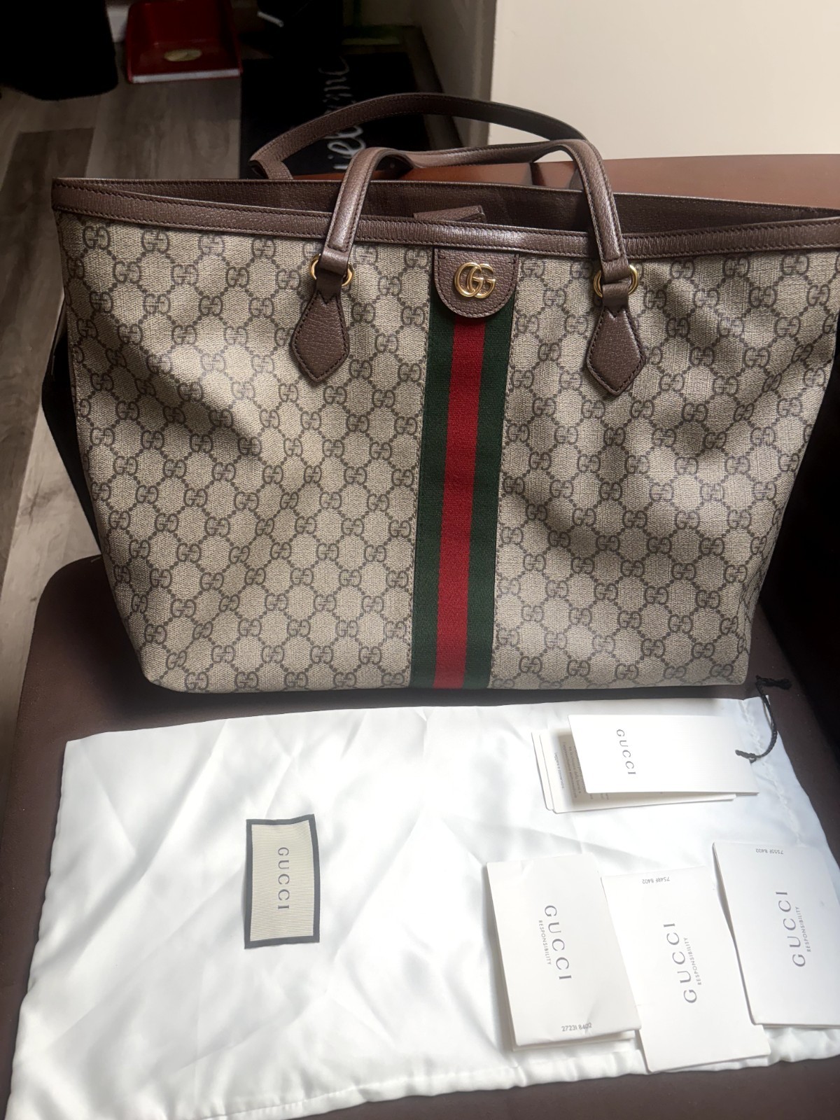 Gucci GG Ophidia Canvas Web Stripe Tote Bag Gold Hardware w/ Dust Bag & Card