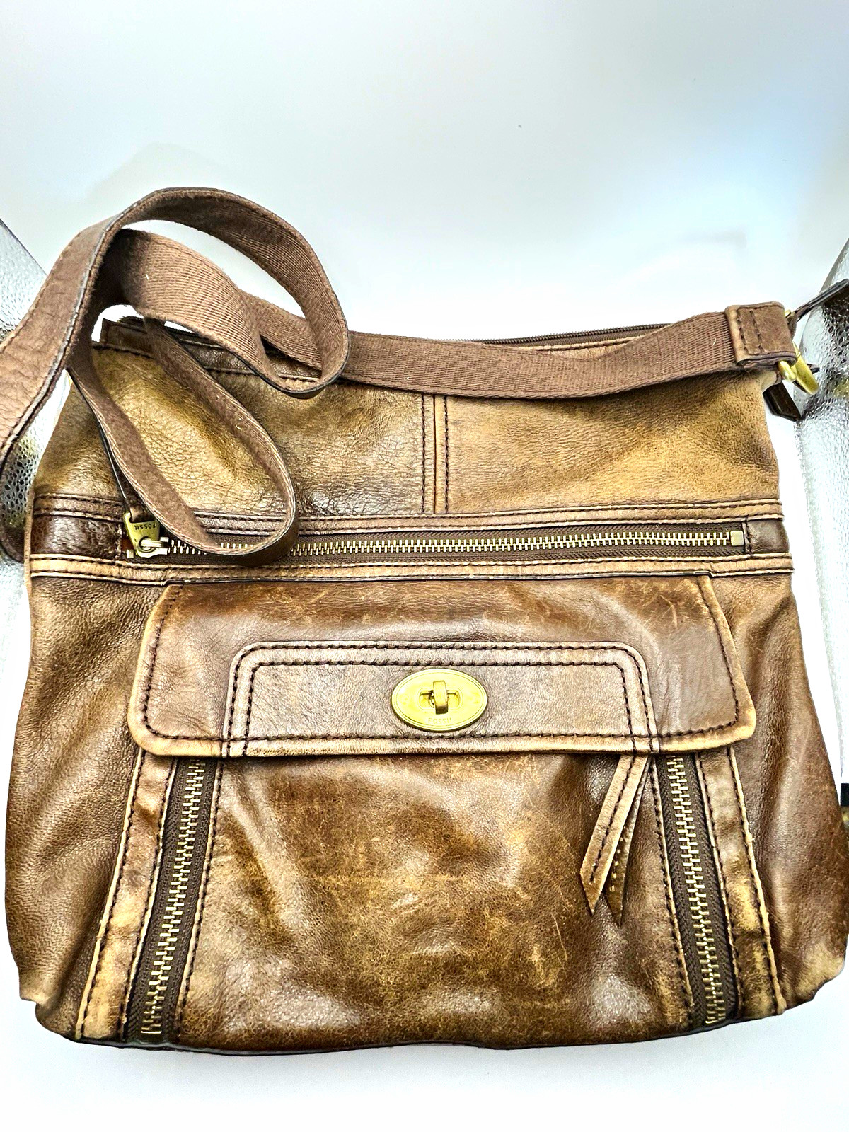 Fossil Brown Crossbody Bag Turn-Lock Flap Zip Pockets Detachable Strap