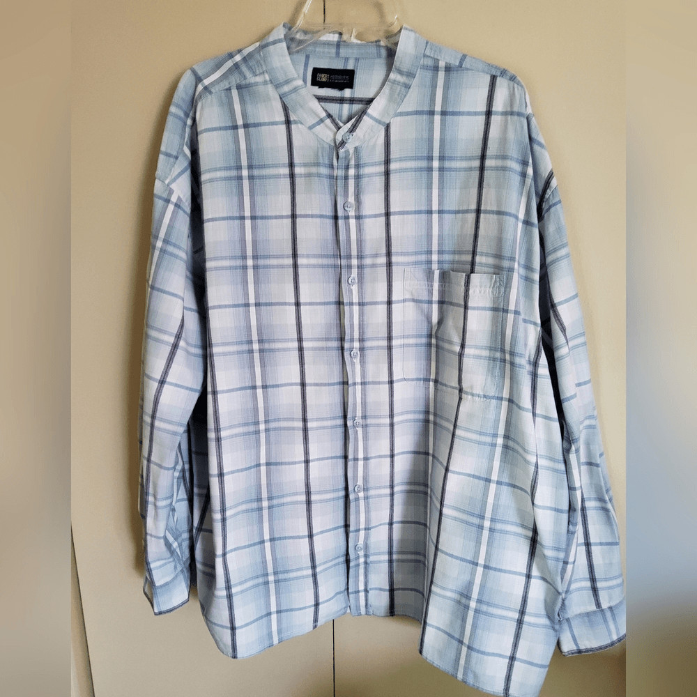 M2 FADED Glory Blue Plaid Men’s Button Up Shirt w Band Collar & Long Sleeves