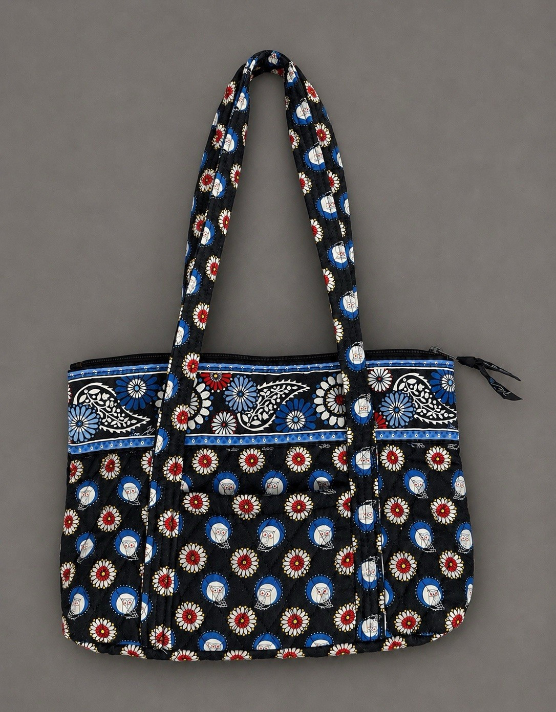 Quilted Floral Owl Print Zip Tote Bag Medium Lined Inner Pockets Black Blue