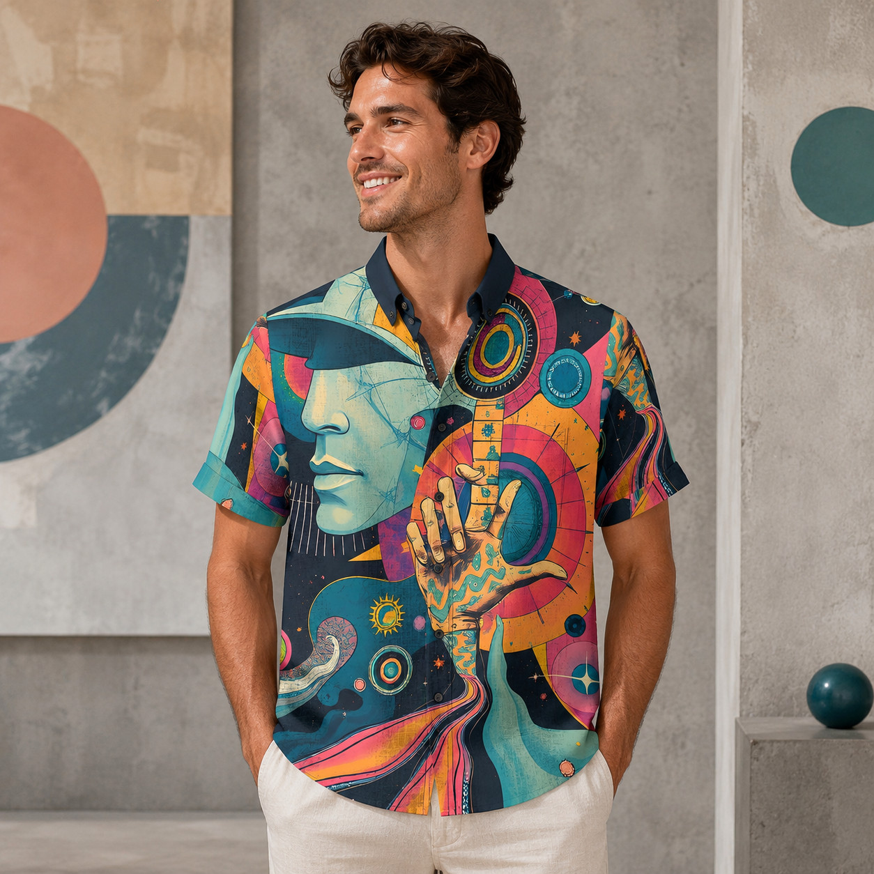 Psychedelic Abstract Art Hawaiian Shirt, Retro 70s Trippy Button Down Hippie