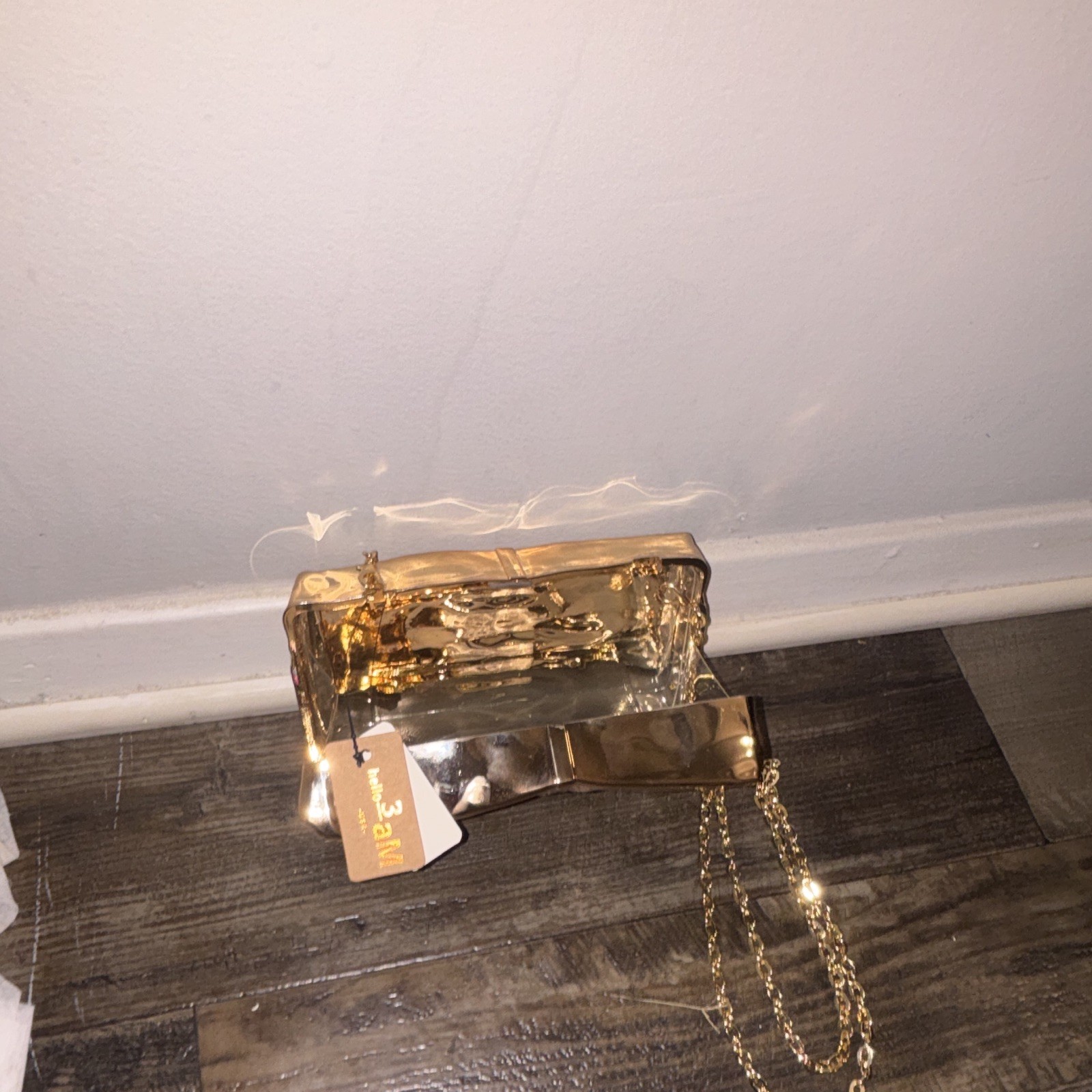 Hello 3 a M Gold Metallic Rectangle Box Clutch w Chain Strap & Dust Bag