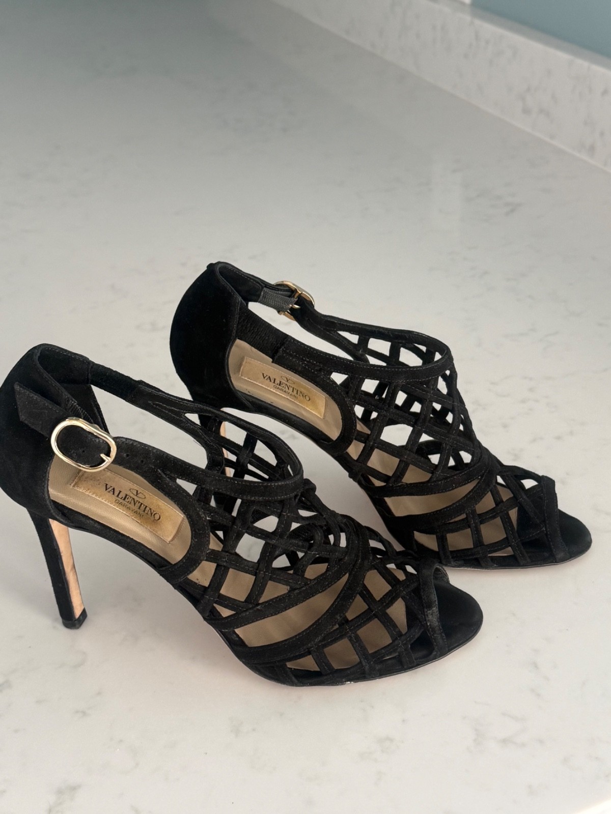 Valentino Garavani Black Suede Caged Lattice Sandals Heels Pump 37.5 Box Luxury