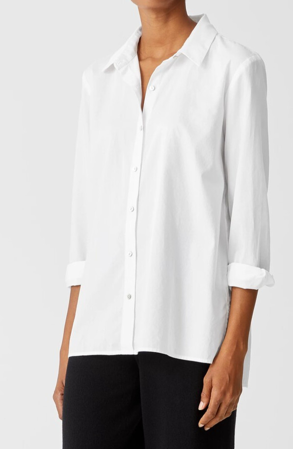 NWT Eileen Fisher Classic Collar Long Shirt XL B49.5″ fit 1X? Lightwt Cotn Twill