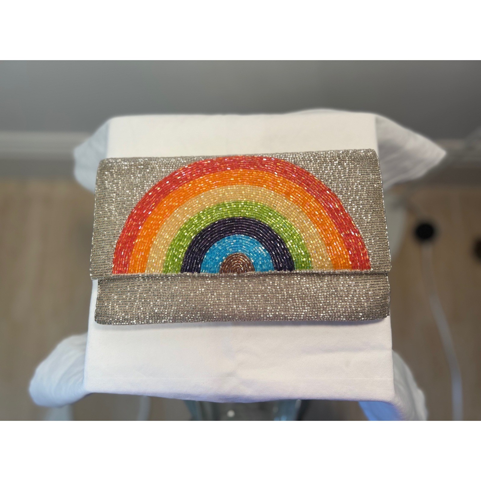 Meredith Hope Silver Beaded Rainbow Clutch Evening Bag with Chain Strap