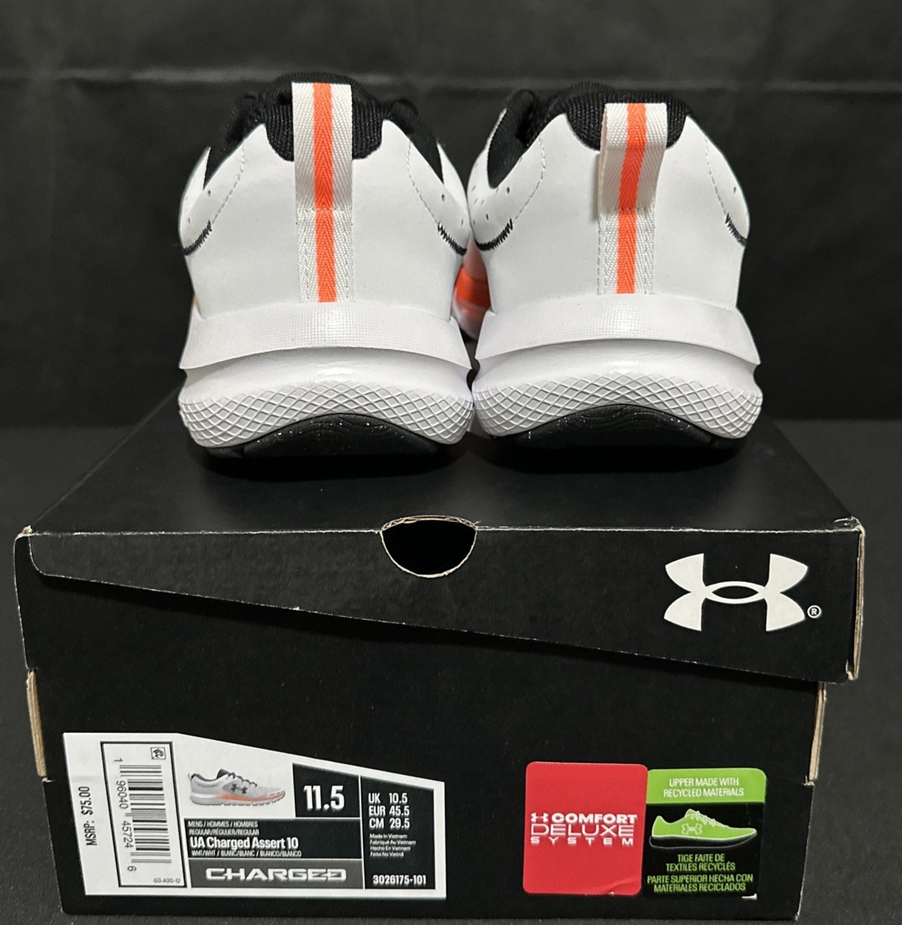 Under Armour Charged Assert 10 White Black Orange 3026175-101 Men’s Size 11.5