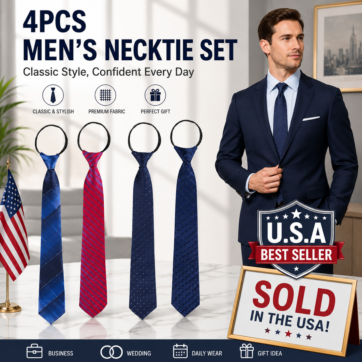 4Pcs Men’s Adjustable Black PreTied Necktie Office Zipper Neck Tie Clip On Ties
