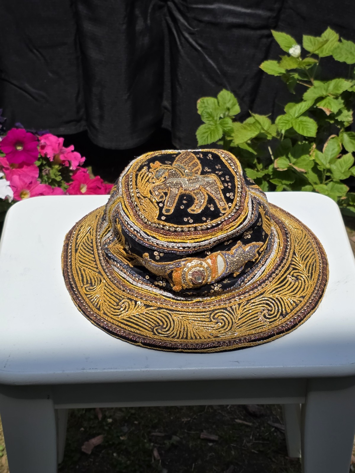 Vintage Myanmar Burmese Burma Kalaga Floppy Boho Hat Unicorn Sequins Embroidery