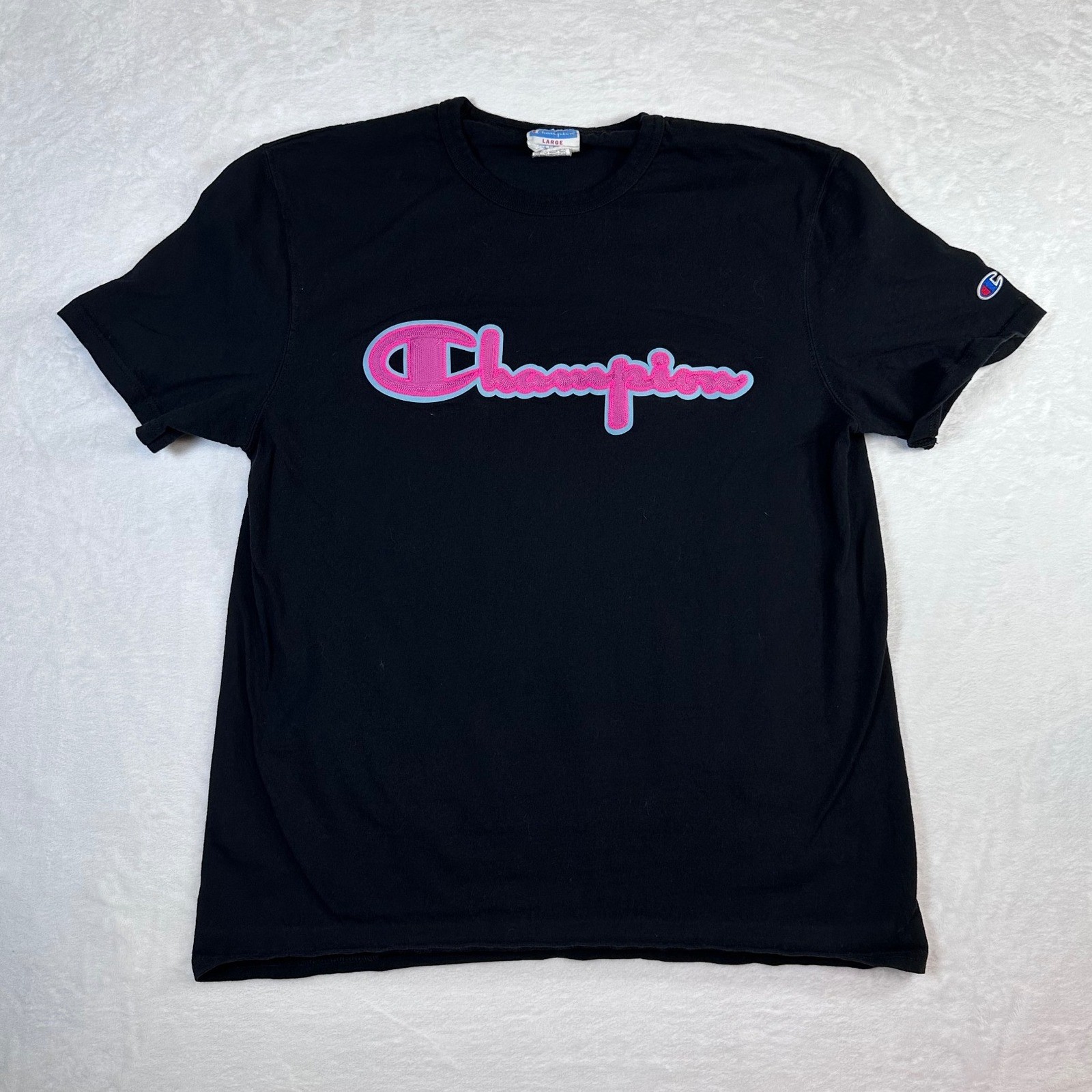 Champion Heritage Black T-Shirt Pink Chenille Script Logo Mens Large GT19 BKC
