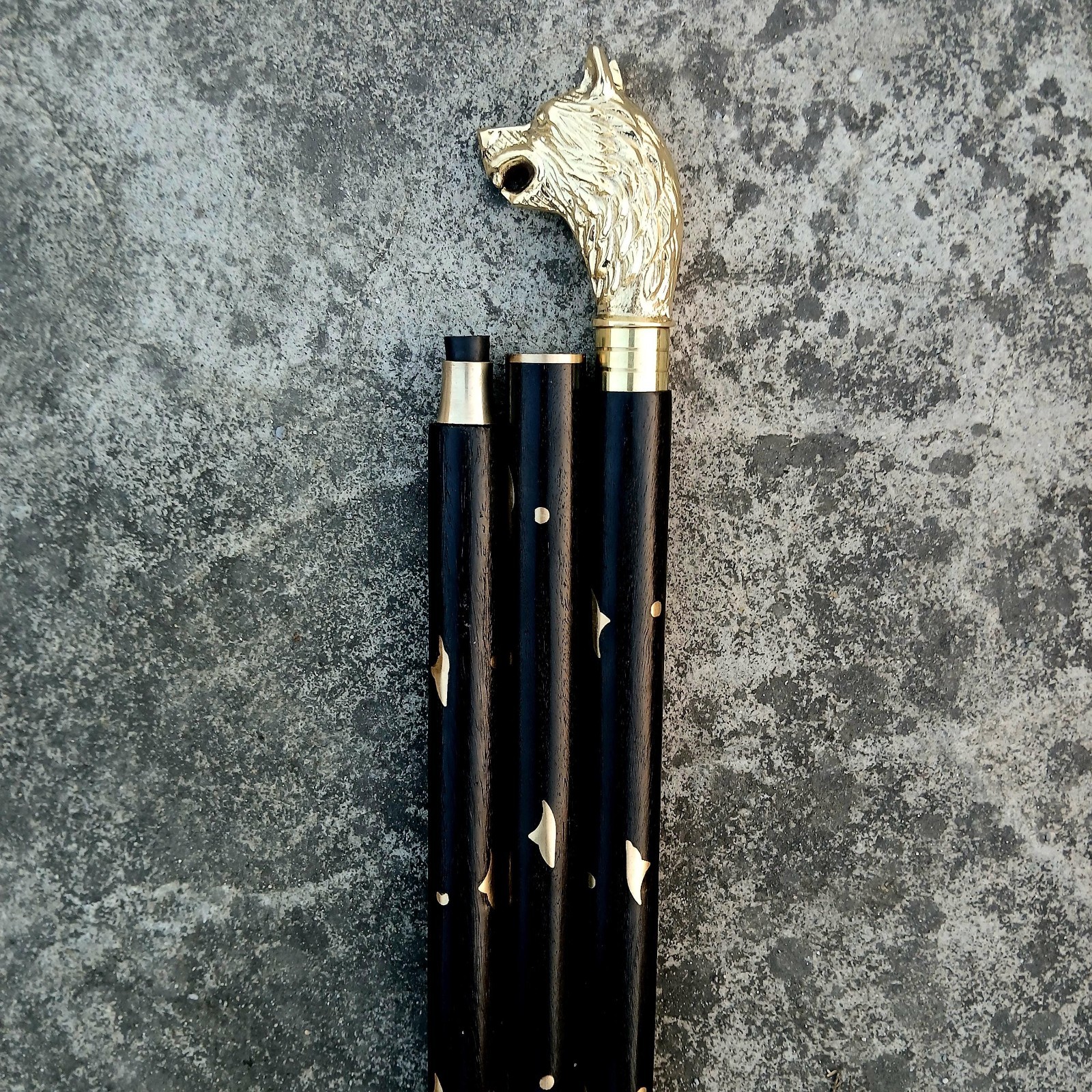 Brass Wolf Head Walking Cane: Gothic Medieval Style, Wooden Shaft